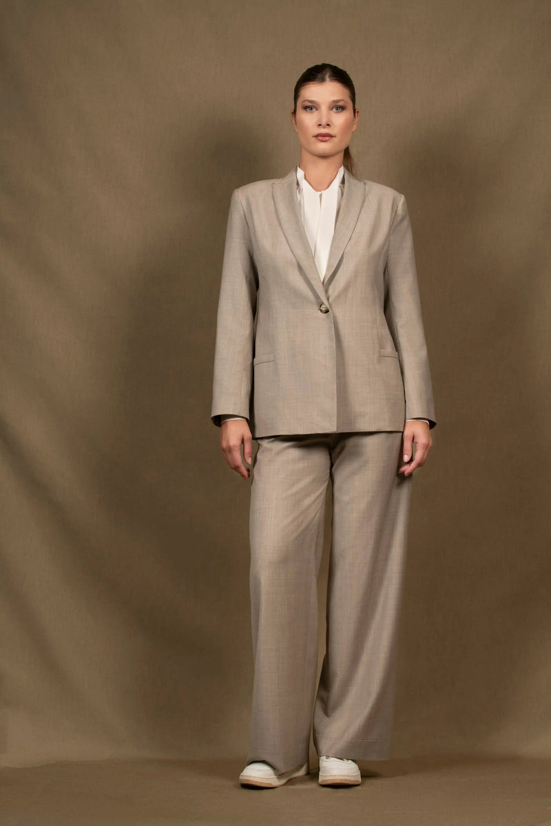 Tailleur Veste Pantalon Large Femme Laine Gris Clair – Illusion My tailor is Joh