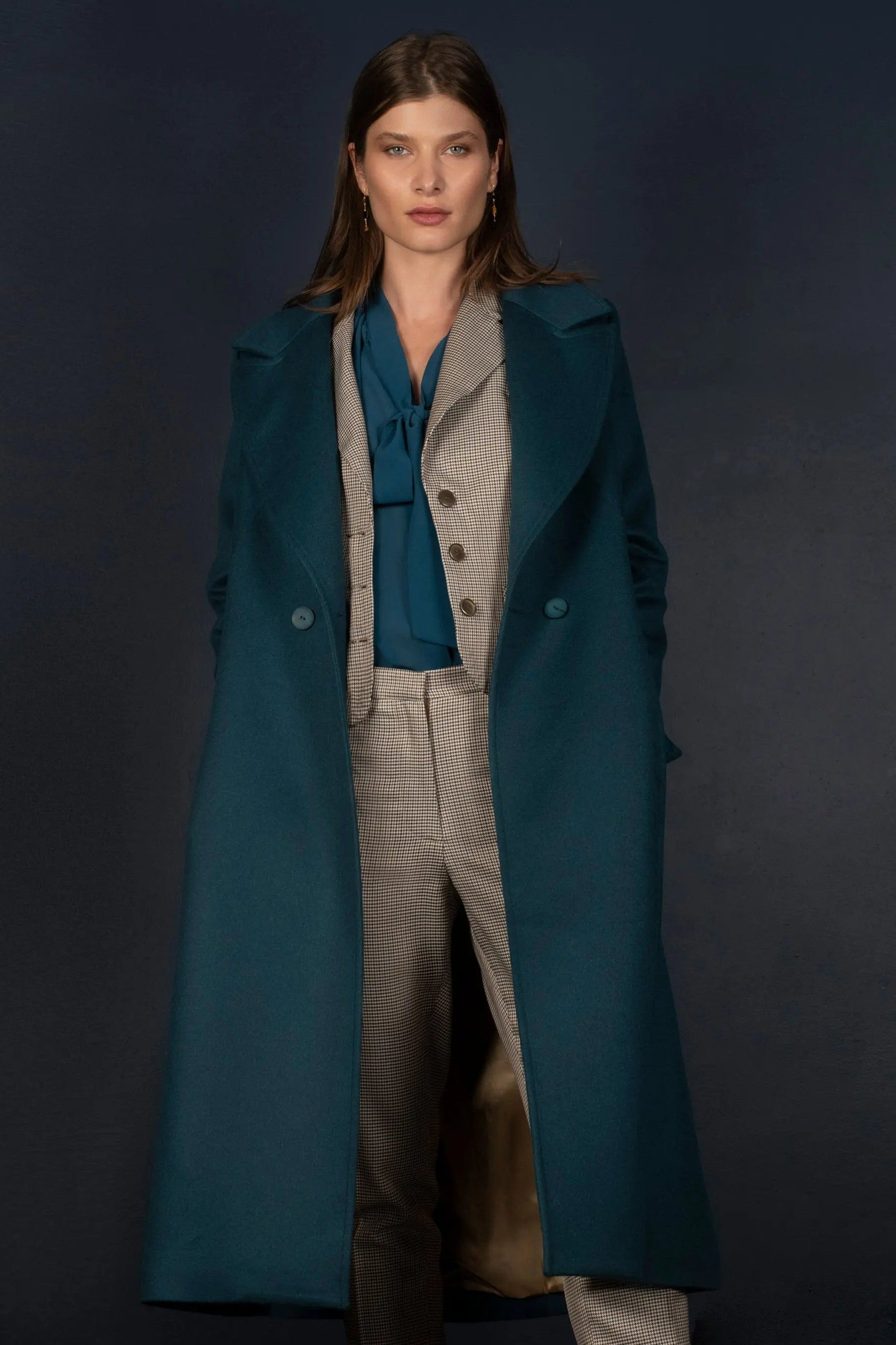 Manteau Long Femme Laine Cachemire Bleu Pétrole Palace My