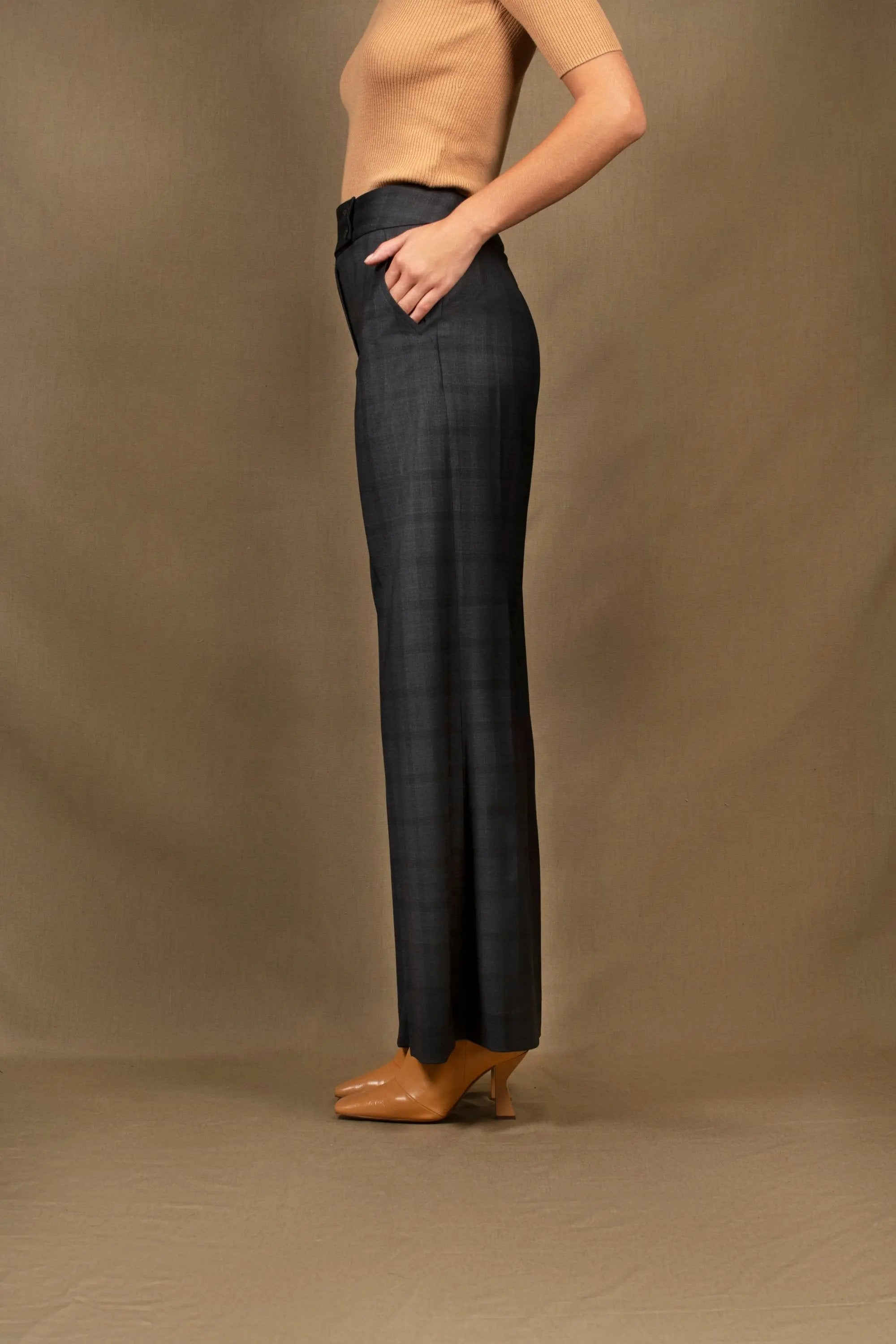 Pantalon Femme Large Laine à Carreaux Bleu Marine - Certitude My tailor is Joh