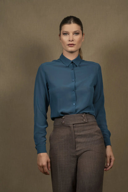 Chemise Femme Soie Bleu Pétrole - Conception My tailor is Joh