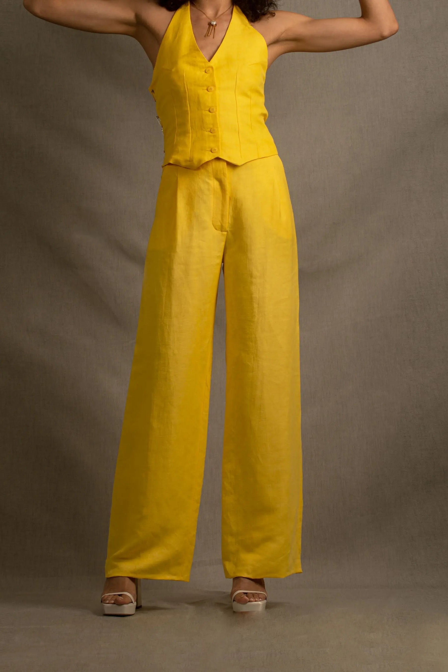 Pantalon Tailleur Femme Large Lin Jaune – Illusion - My tailor is Joh