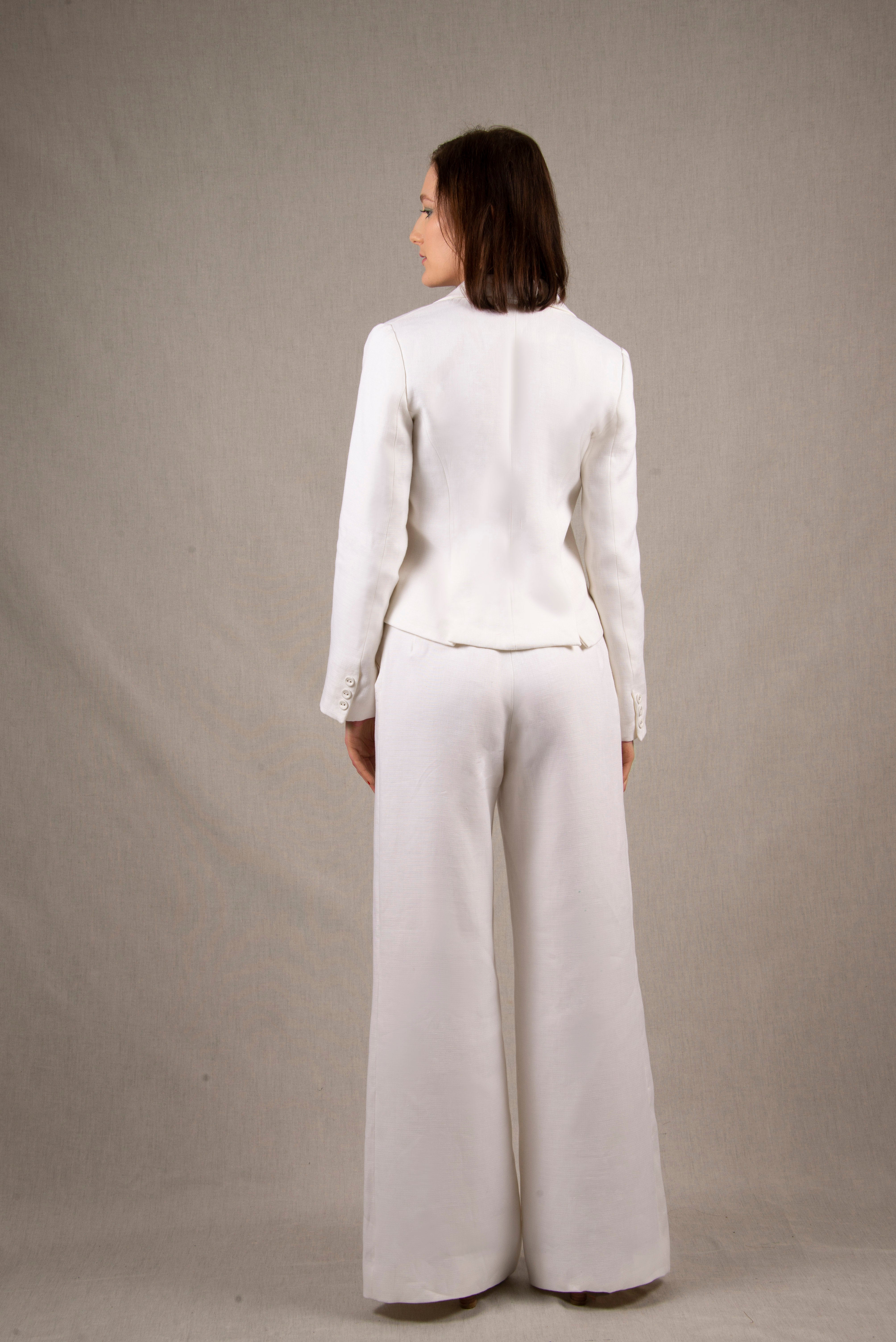 Tailleur Femme Veste Courte Pantalon Coupe Flair Lin Blanc - Certitude