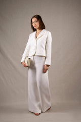 Tailleur Femme Veste Courte Pantalon Coupe Flair Lin Blanc - Certitude