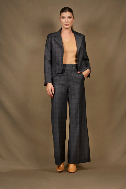 Tailleur Femme Veste Courte Pantalon Coupe Flair Laine Bleu Marine à Carreaux - Certitude My tailor is Joh