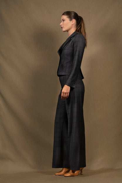Tailleur Femme Veste Courte Pantalon Coupe Flair Laine Bleu Marine à Carreaux - Certitude My tailor is Joh