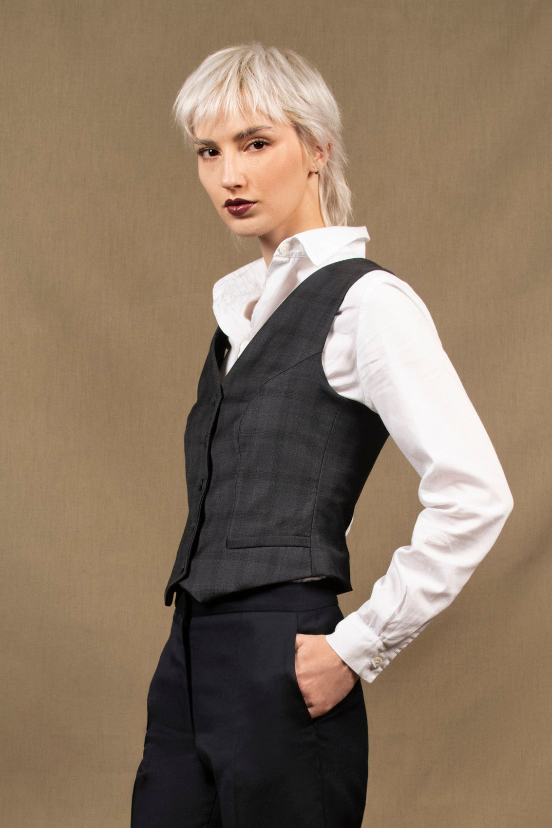 Gilet Costume Tailleur Femme Carreau Bleu Marine - Conception - My Tailor Is Joh