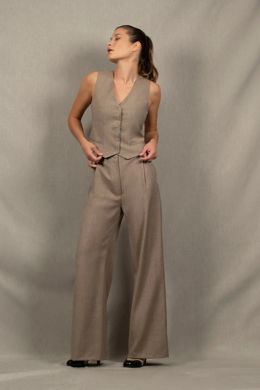 Pantalon Tailleur Femme Large Grège en Laine – Illusion My Tailor Is Joh 