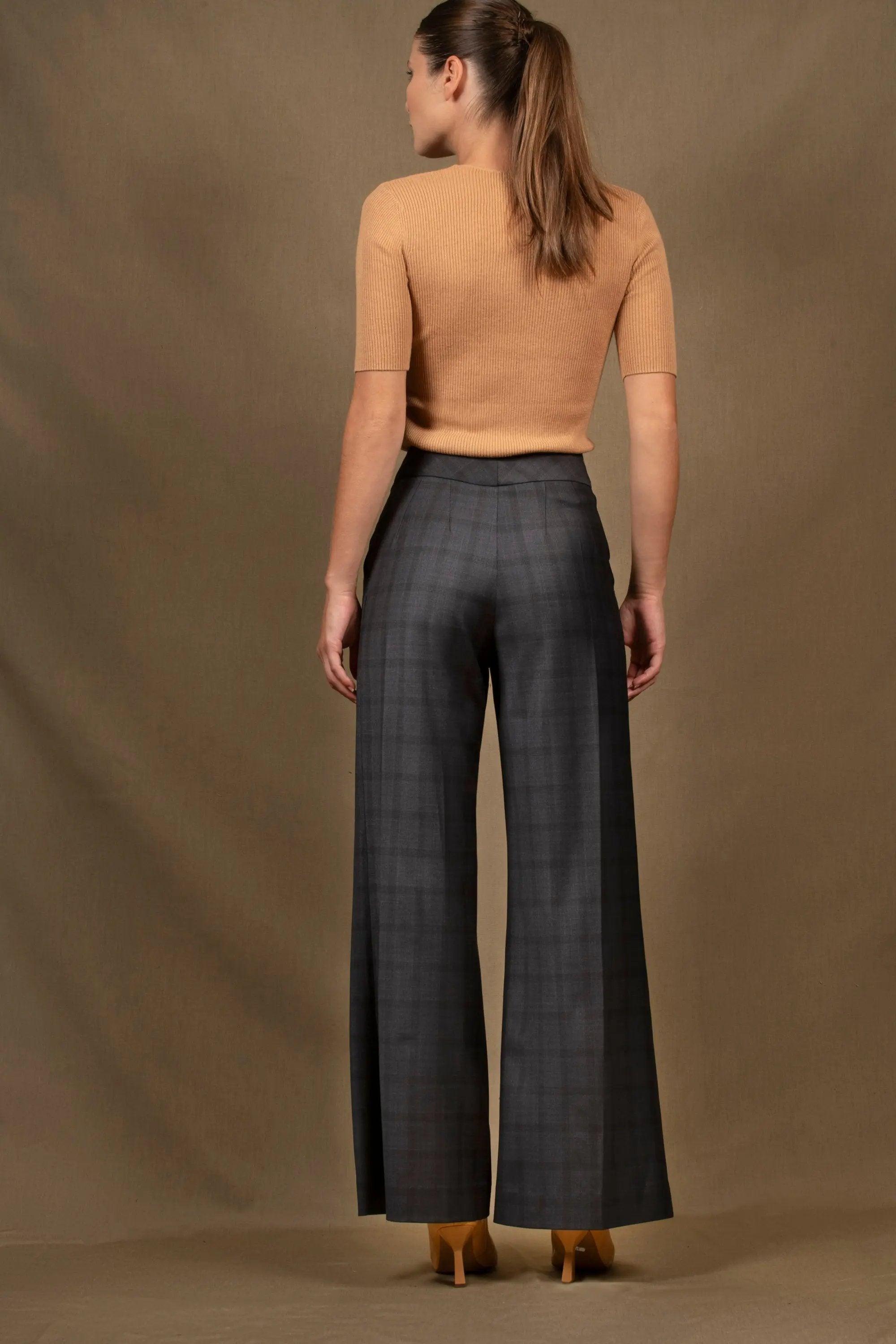 Pantalon Femme Large Laine à Carreaux Bleu Marine - Certitude My tailor is Joh