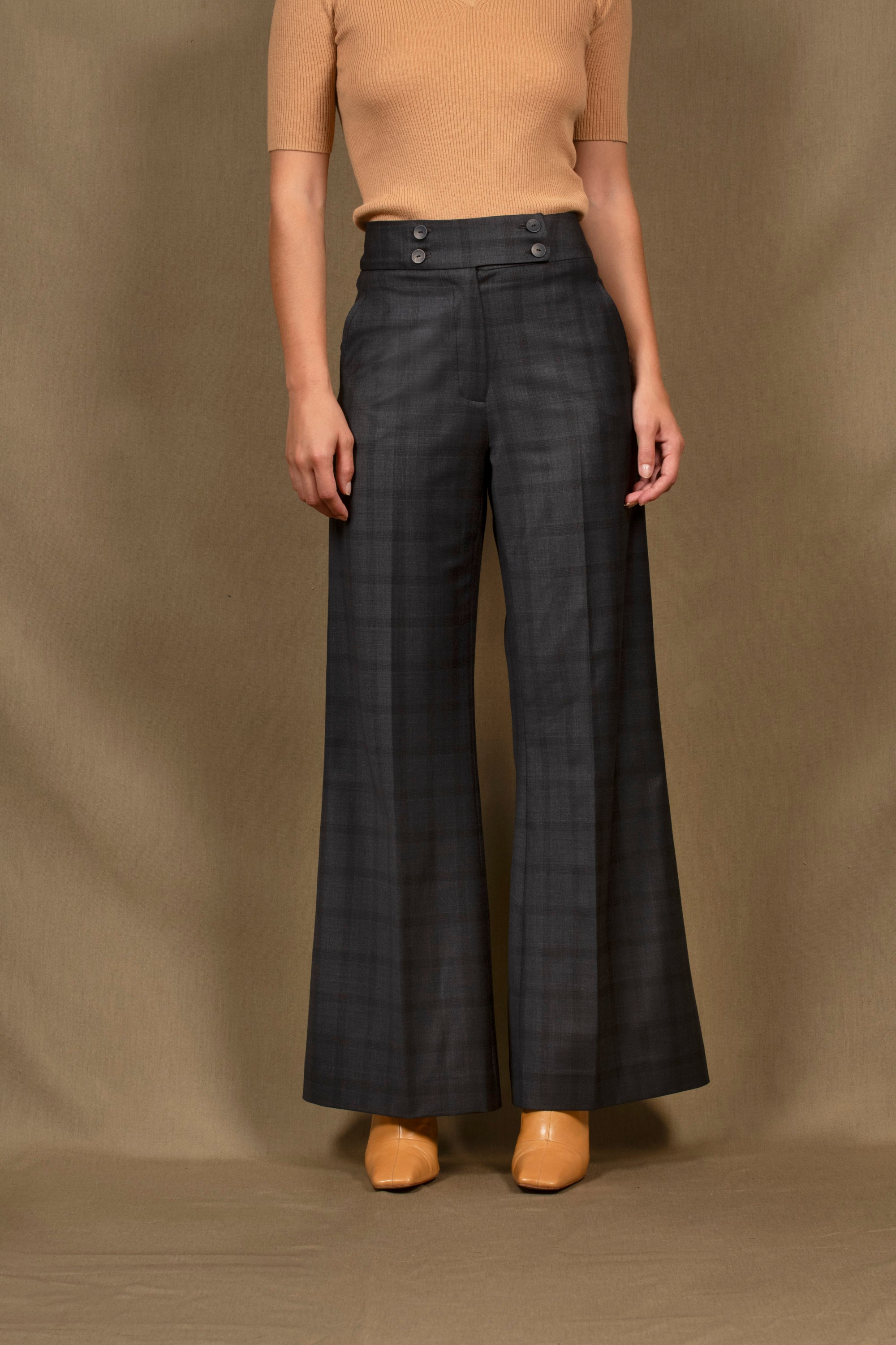 Pantalon Femme Large Laine à Carreaux Bleu Marine - Certitude