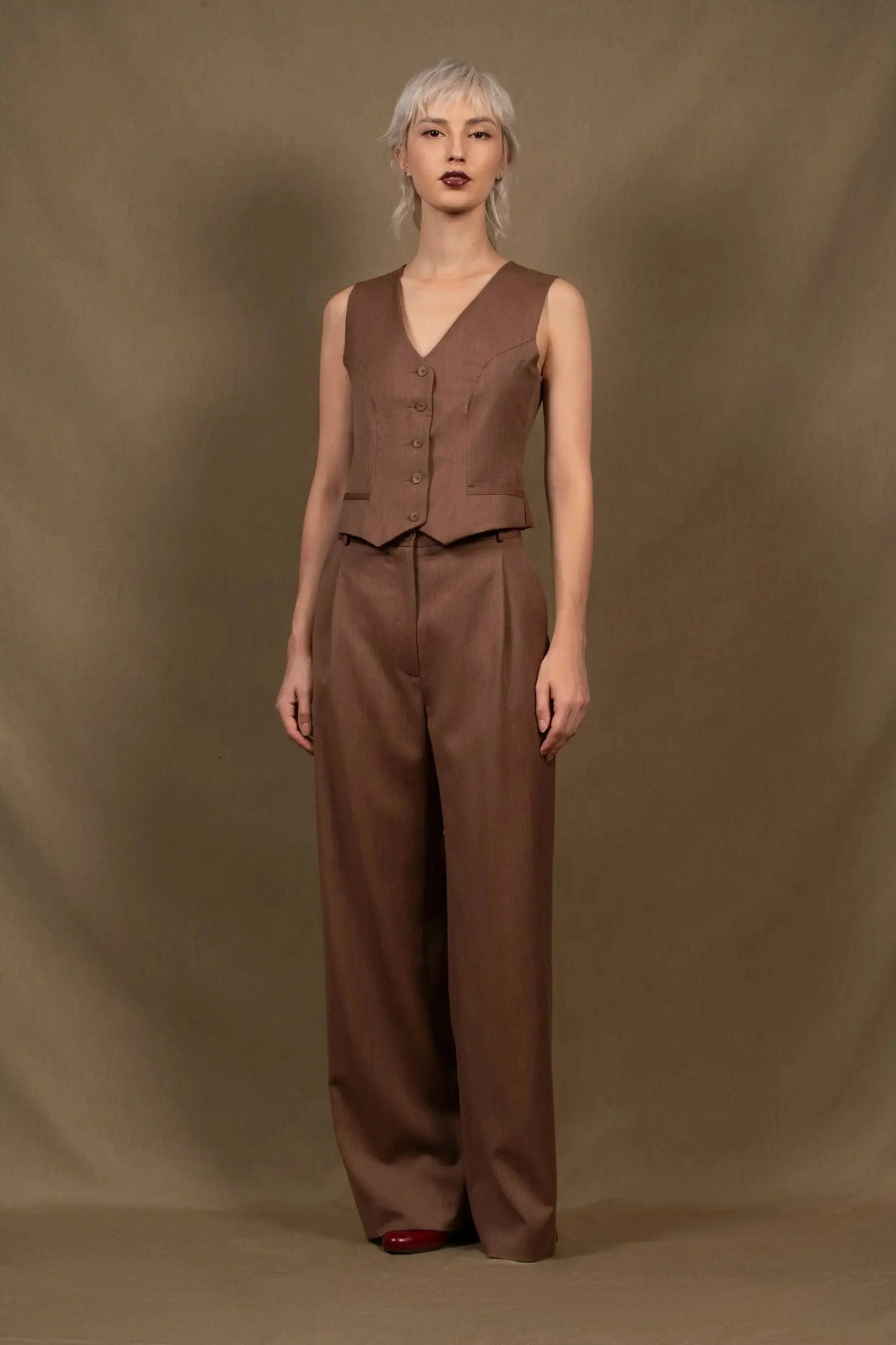 Tailleur Veste Pantalon Large Femme Laine Tomette  – Illusion My tailor is Joh