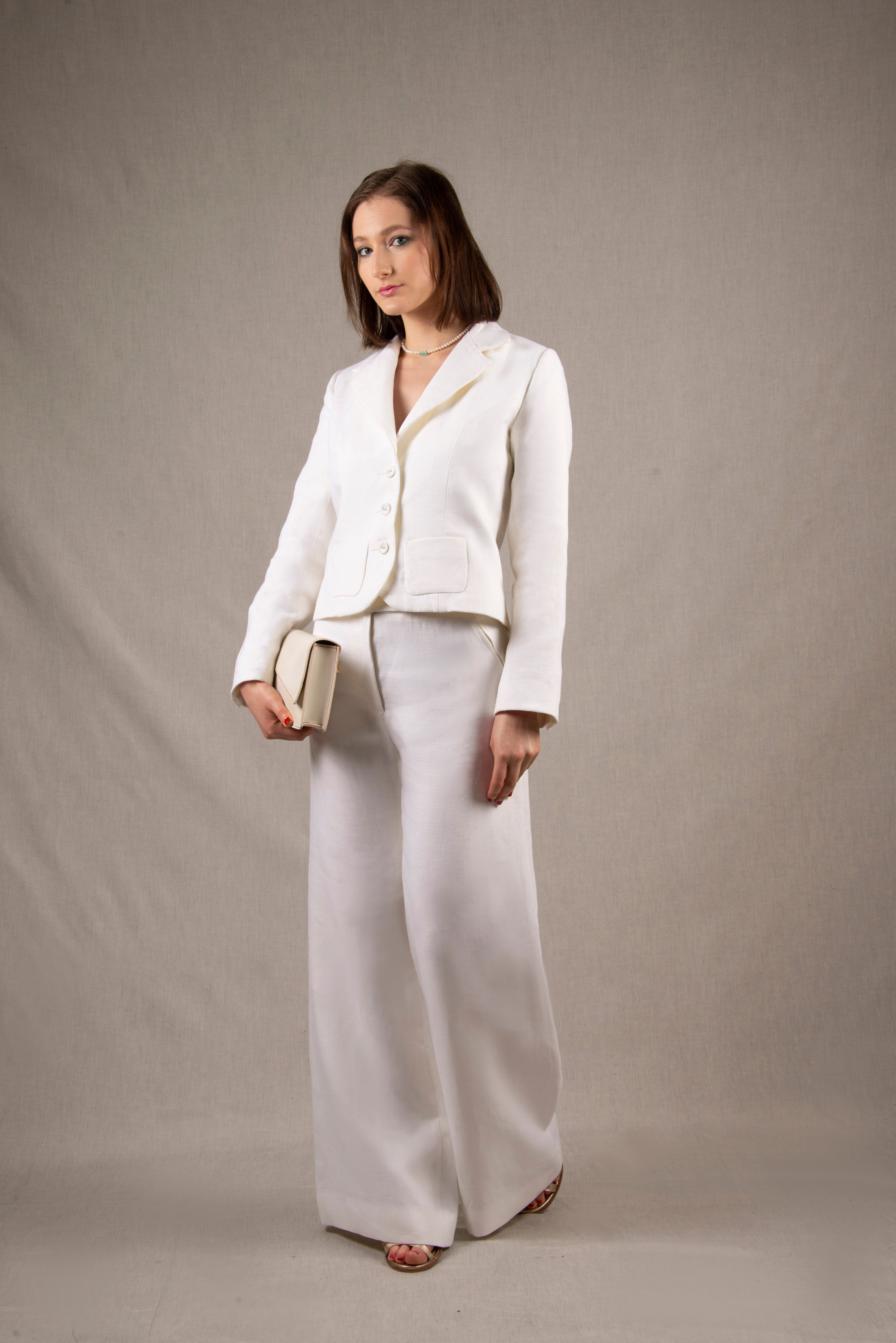 Tailleur Femme Veste Courte Pantalon Coupe Flair Lin Blanc - Certitude