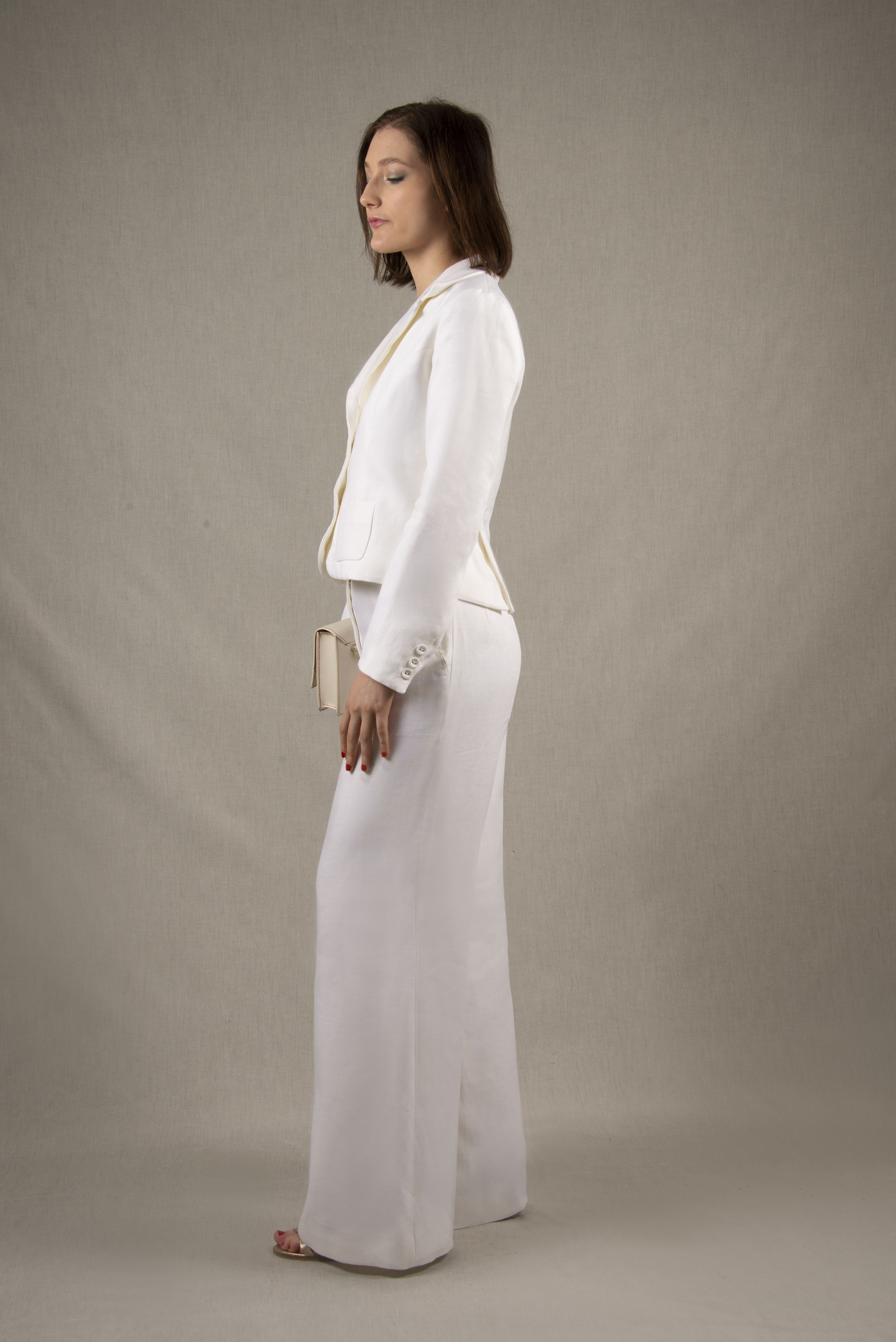 Tailleur Femme Veste Courte Pantalon Coupe Flair Lin Blanc - Certitude