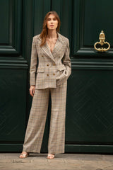 Tailleur Femme Veste Croisée Pantalon Large Laine à Carreaux Gris Clair - Palace