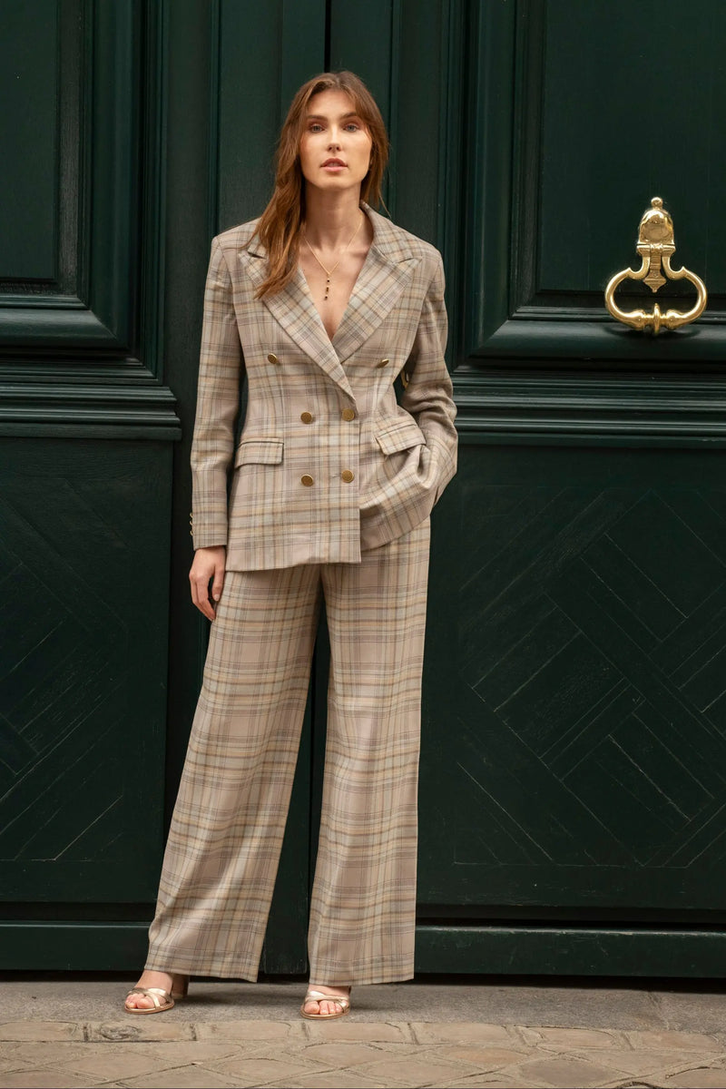 Tailleur Femme Veste Croisée Pantalon Large Laine à Carreaux Gris Bleu - Palace - My Tailor Is Joh 
