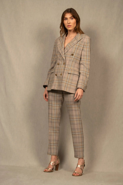 Tailleur Femme Veste Croisée Pantalon fitté Laine à Carreaux Gris Bleu – Conception - My Tailor Is Joh