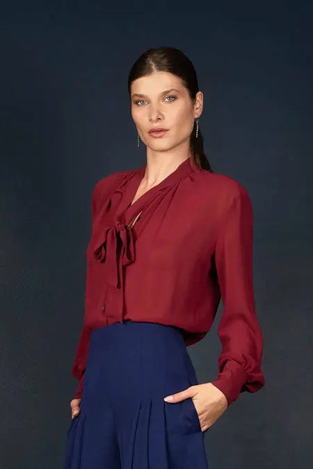 Chemisier Col Lavallière Soie Grenat - Soeur - My tailor is Joh