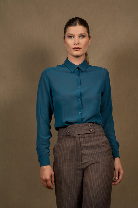 Chemise Femme Soie Bleu Pétrole - Conception