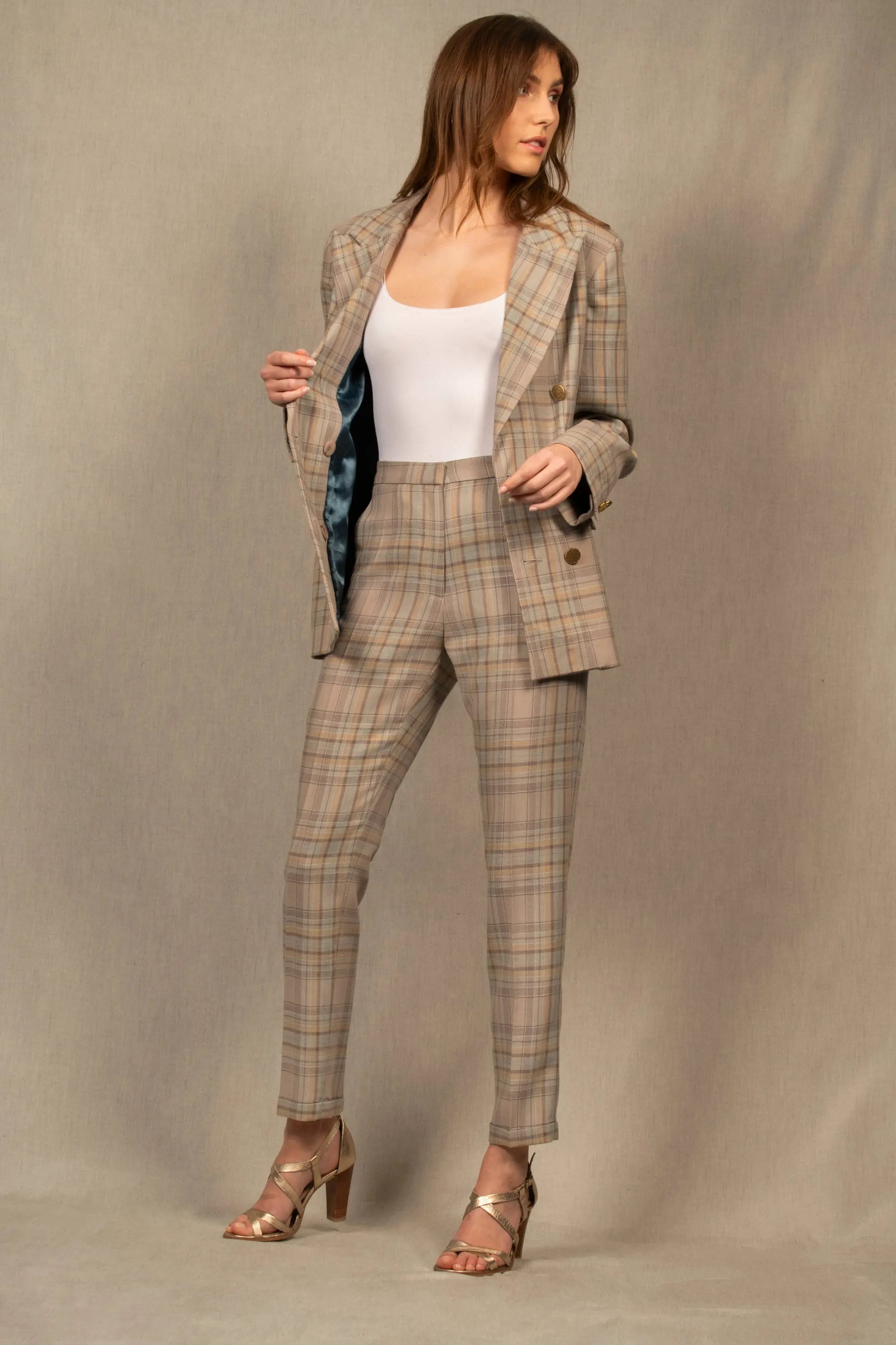 Veste Tailleur Femme Croisée en Laine à Carreaux Gris-bleu – Palace