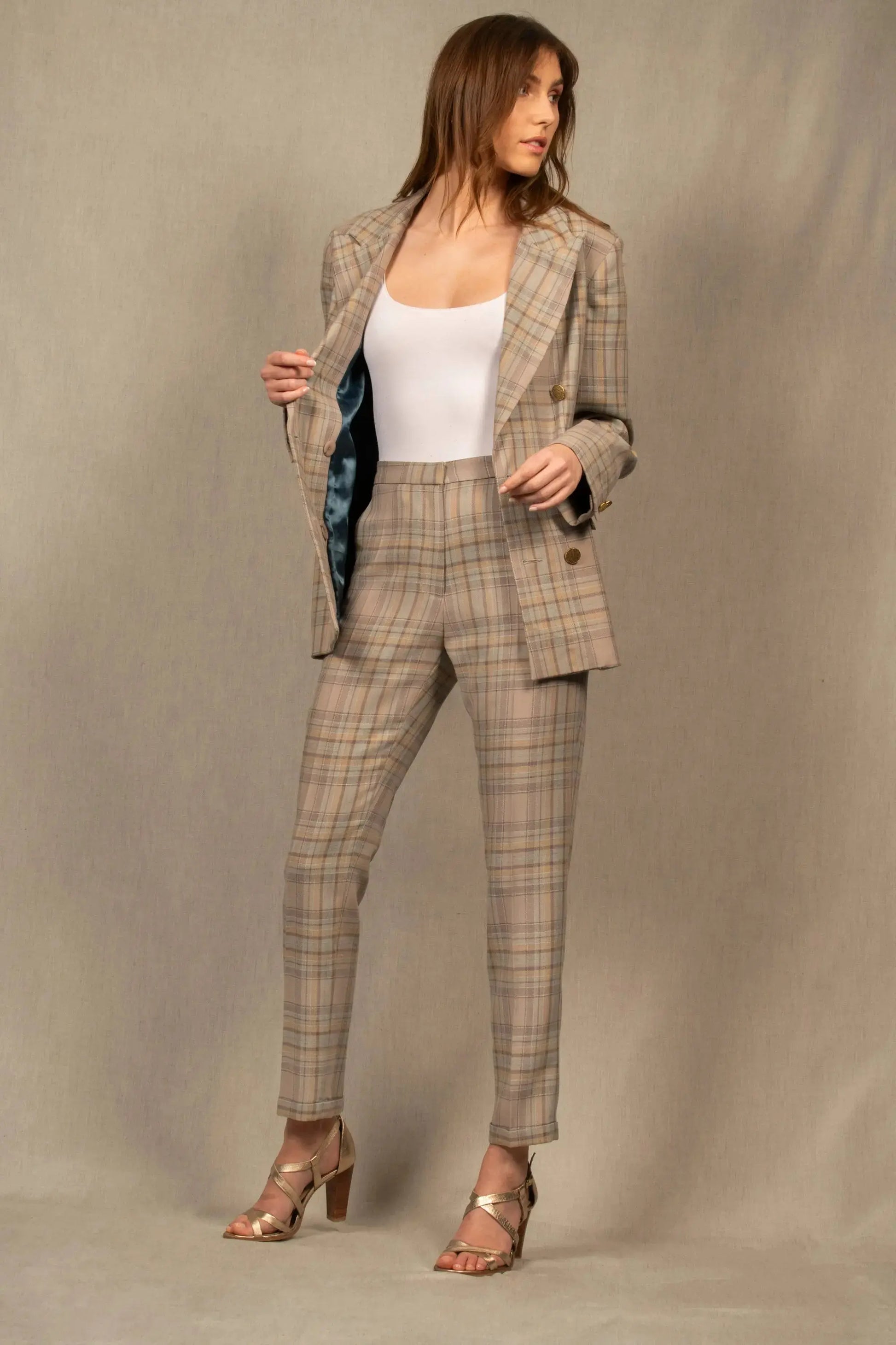 Veste Tailleur Femme Croisée en Laine à Carreaux Gris-bleu – Palace My tailor is Joh