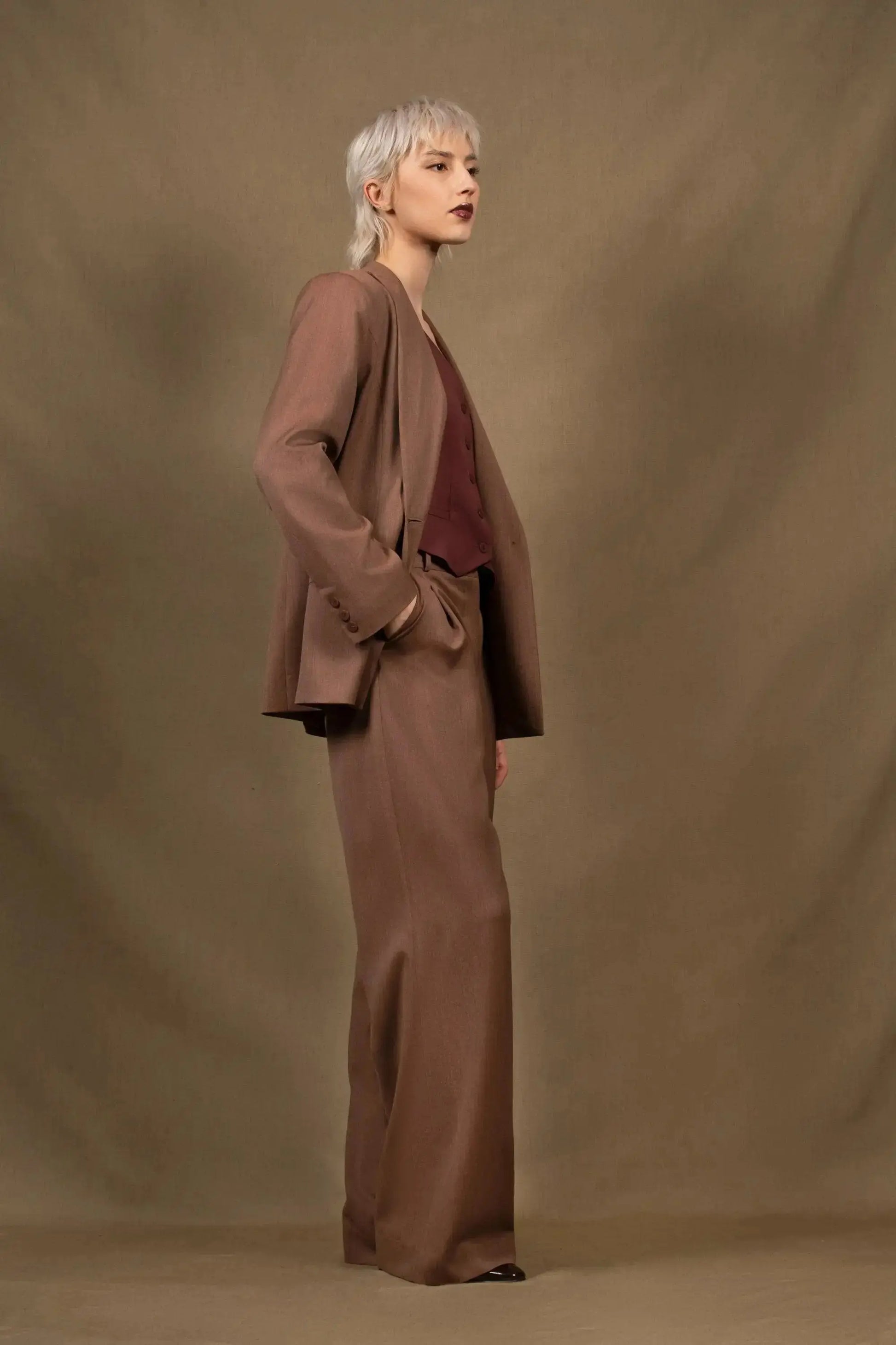 Tailleur Veste Pantalon Large Femme Laine Tomette  – Illusion My tailor is Joh