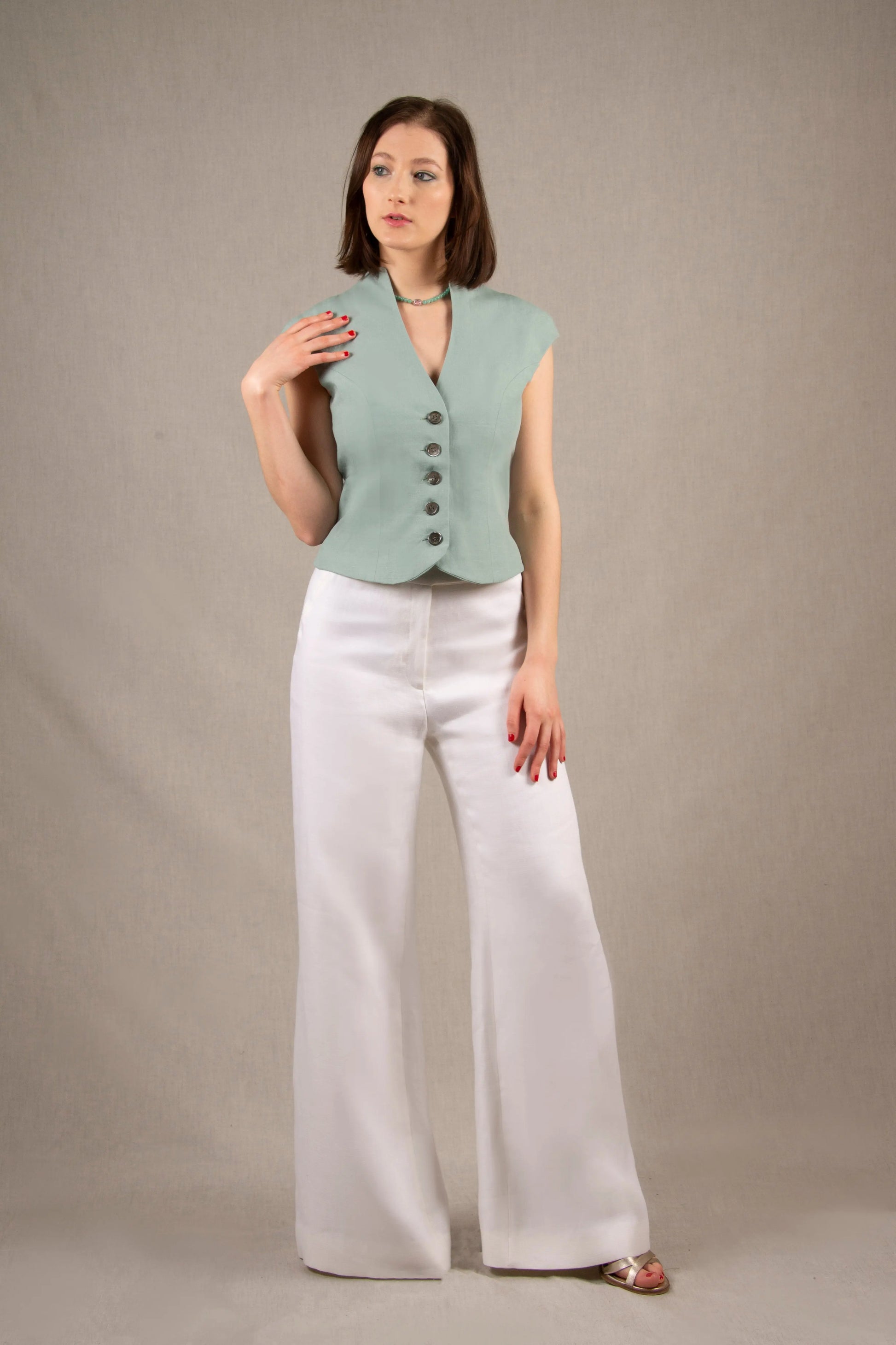 Gilet Tailleur Femme en Lin Bleu Céladon - Sensation My tailor is Joh
