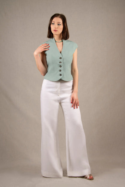 Gilet Tailleur Femme en Lin Bleu Céladon - Sensation My tailor is Joh