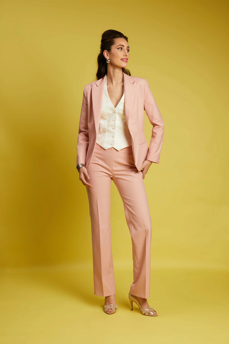 Le tailleur femme veste pantalon droit laine rose ballerine Conception - My tailor is Joh