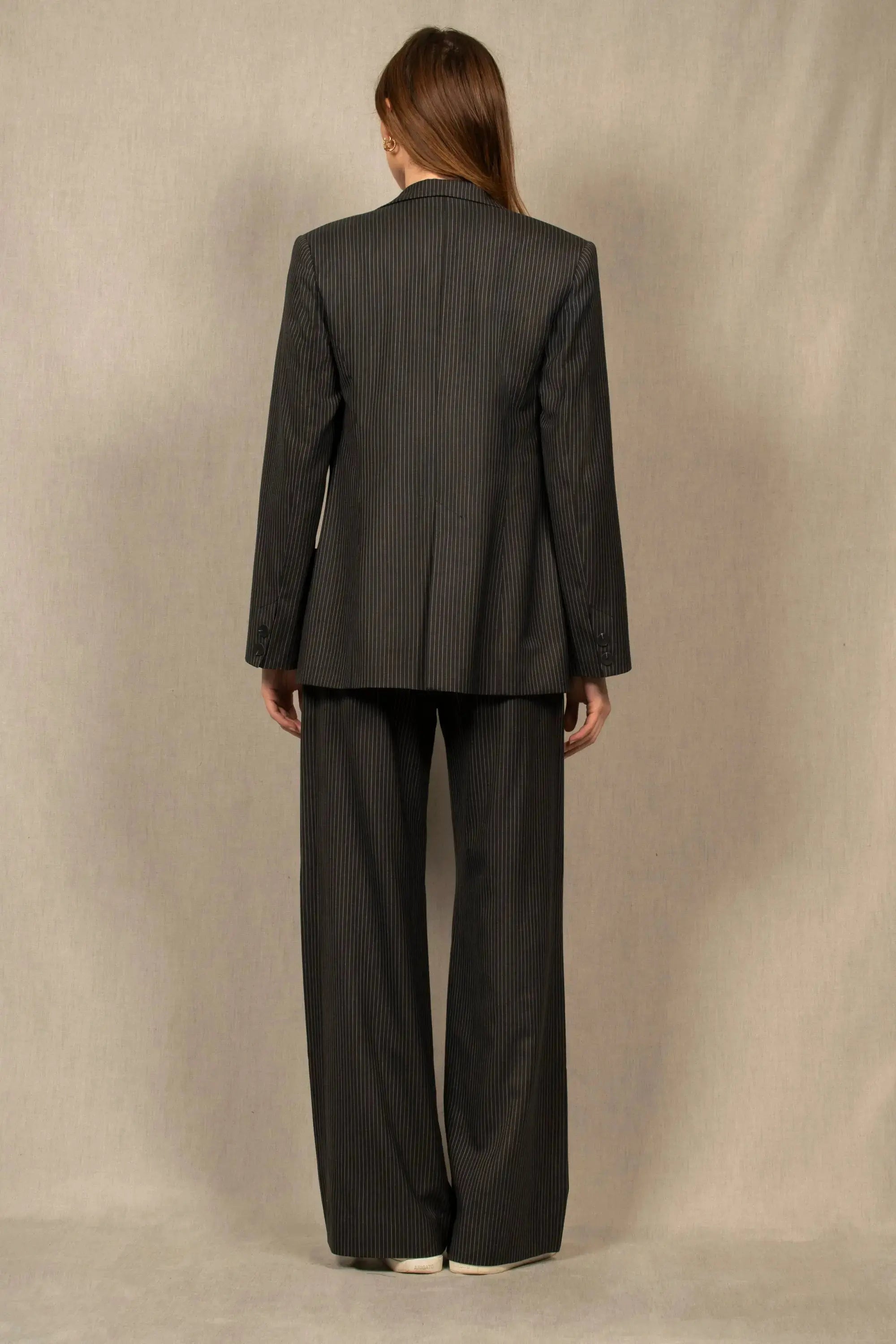 Pantalon Tailleur Femme Laine Large Noir Rayé - Illusion - My tailor is Joh