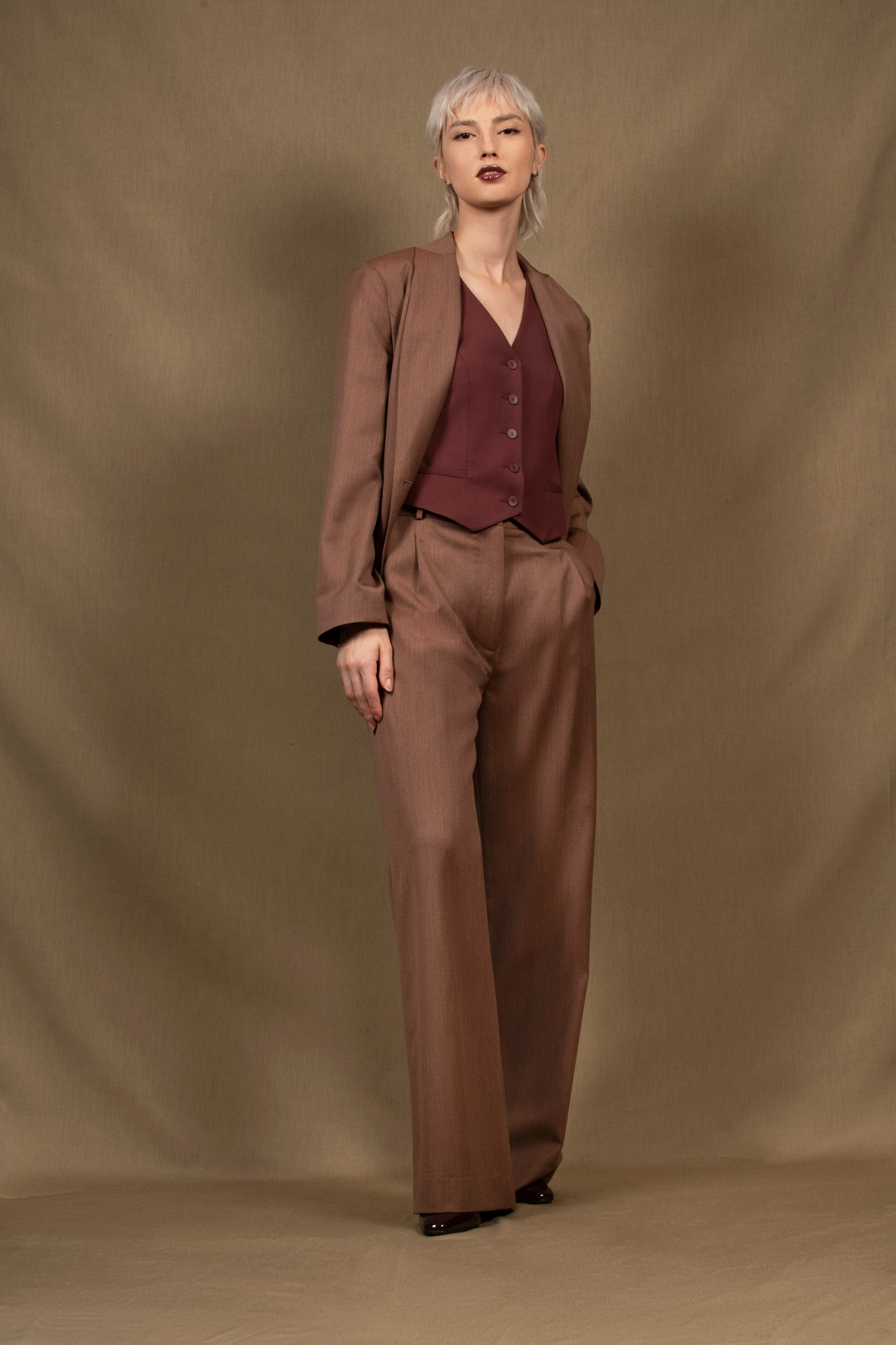 Tailleur Veste Pantalon Large Femme Laine Tomette  – Illusion