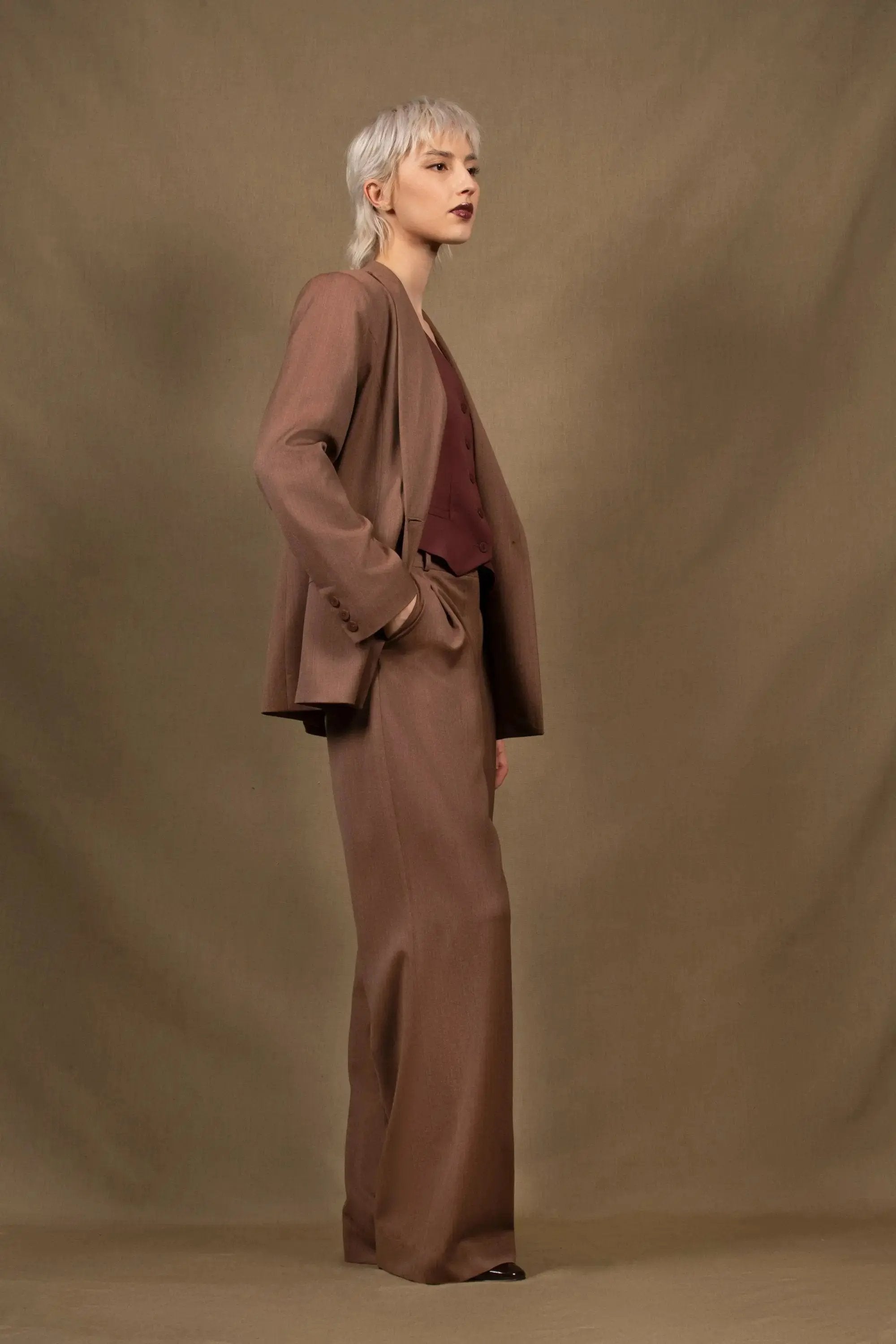 Tailleur Veste Pantalon Large Femme Laine Tomette  – Illusion My tailor is Joh