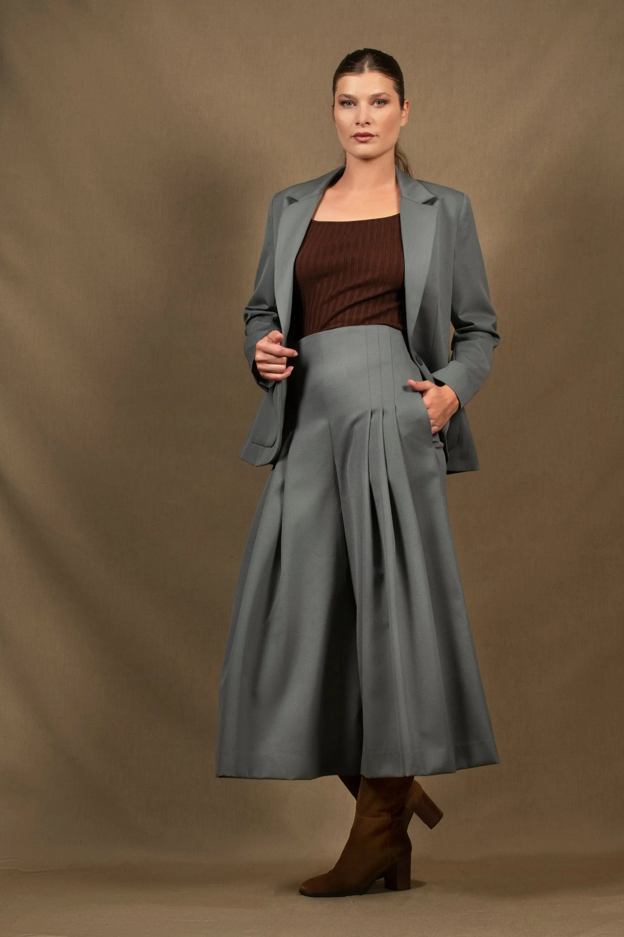 ensemble femme veste pantalon large à pli en laine vert amande Abandon