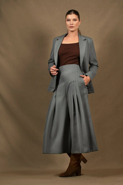 ensemble femme veste pantalon large à pli en laine vert amande Abandon