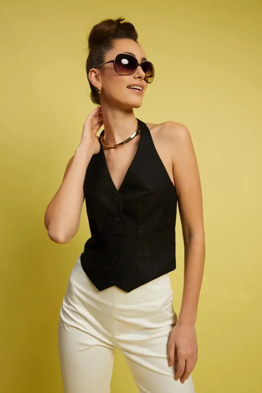 Gilet Tailleur Femme Dos Nu en Coton – Noir - My tailor is Joh