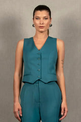 Gilet Tailleur Femme en Laine Bleu Pacifique – Conception