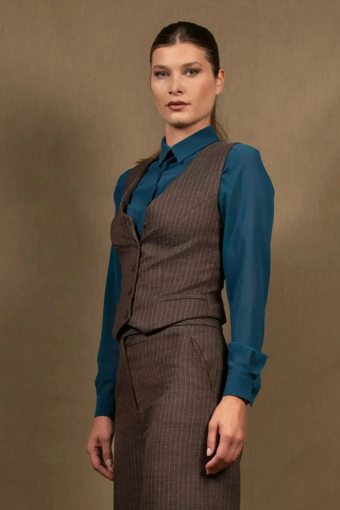 Gilet Costume Tailleur Femme Rayé Marron Conception