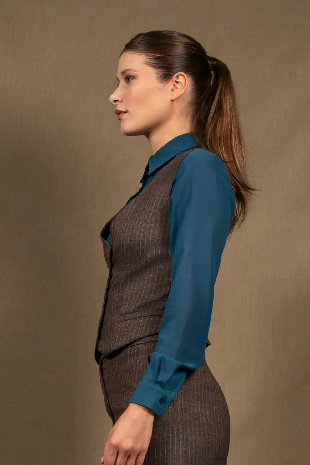 Gilet Costume Tailleur Femme Rayé Marron Conception