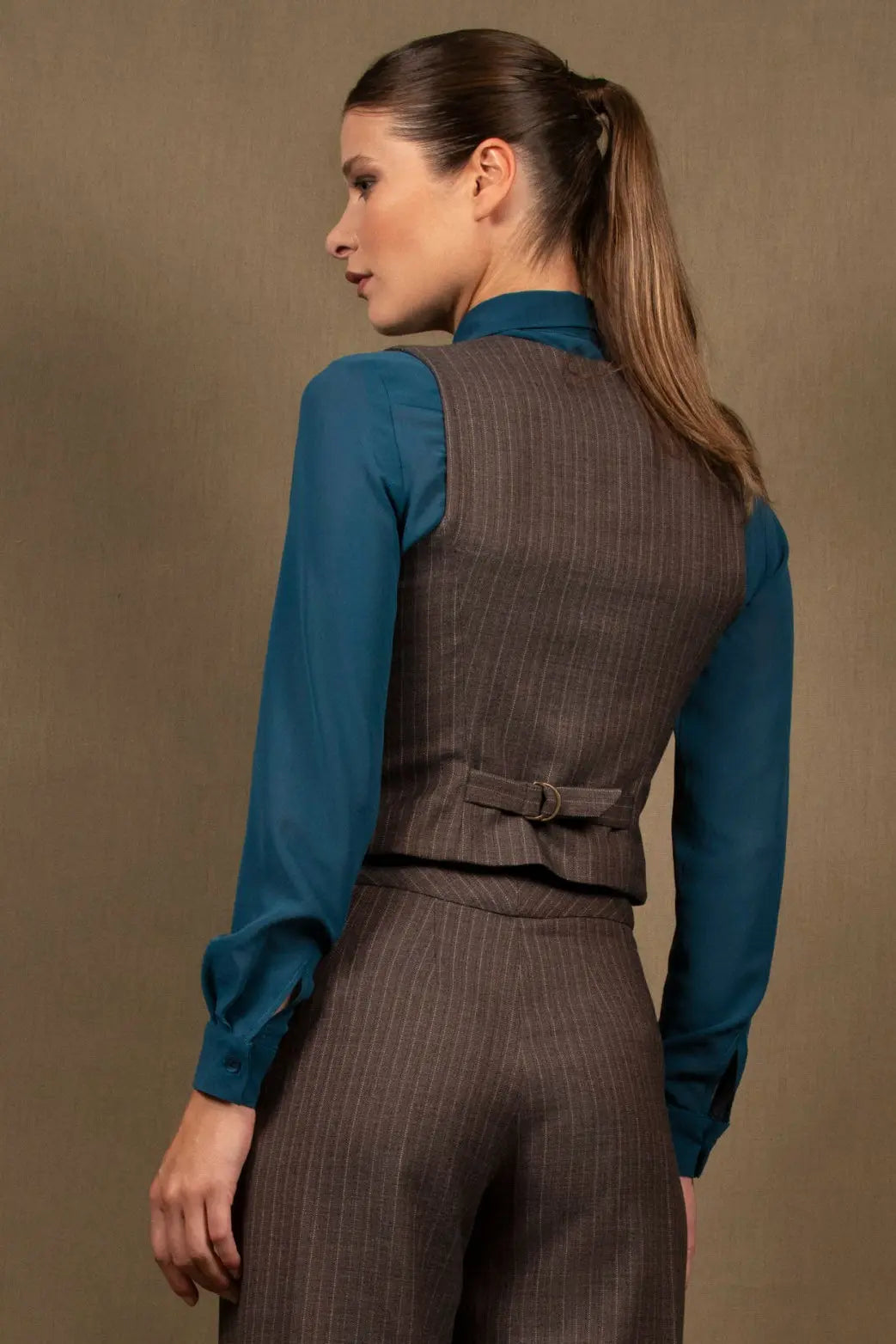 Gilet Costume Tailleur Femme Rayé Marron Conception