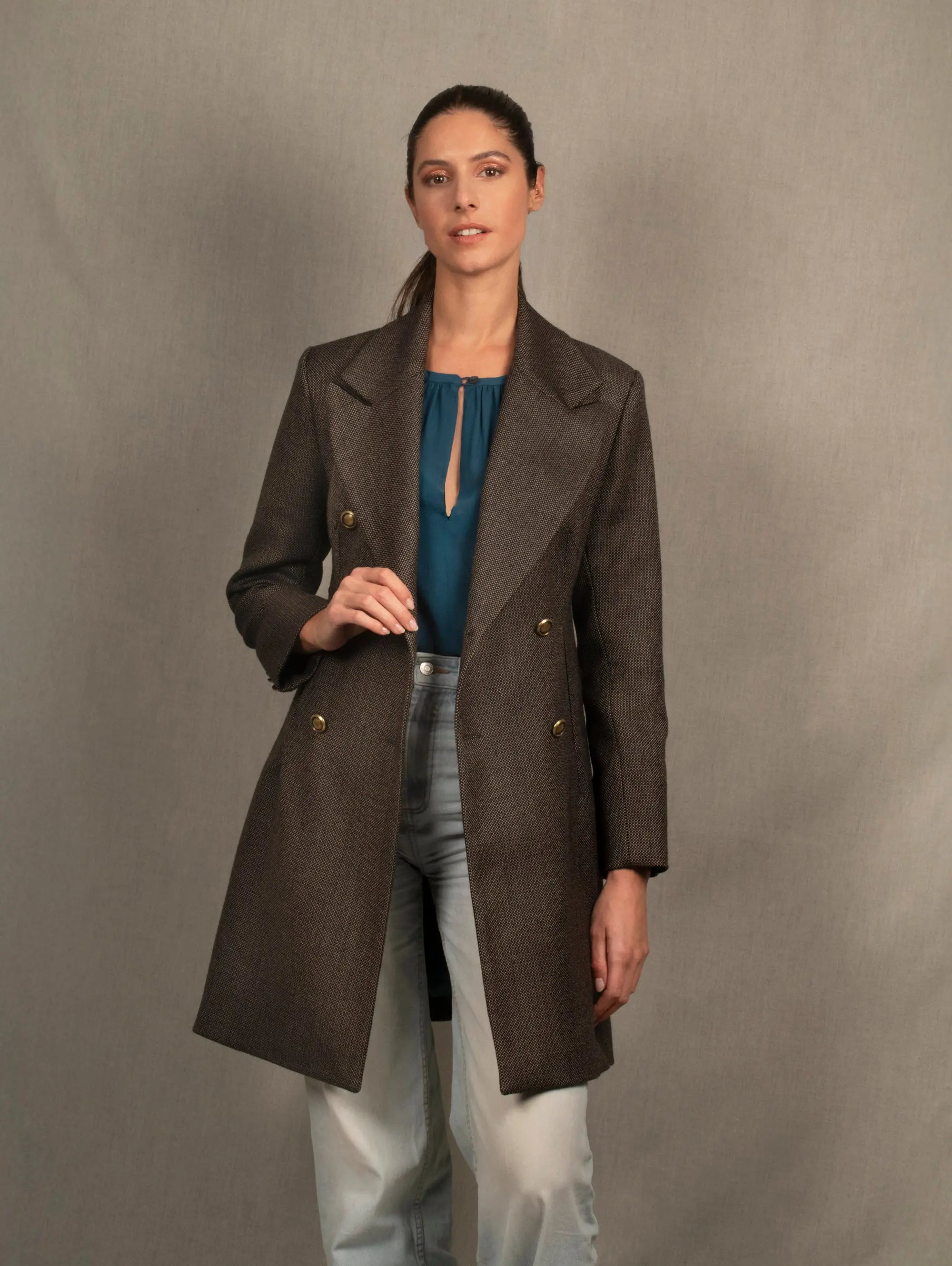 Manteau 3/4 Femme Croisé en Laine Tweed
