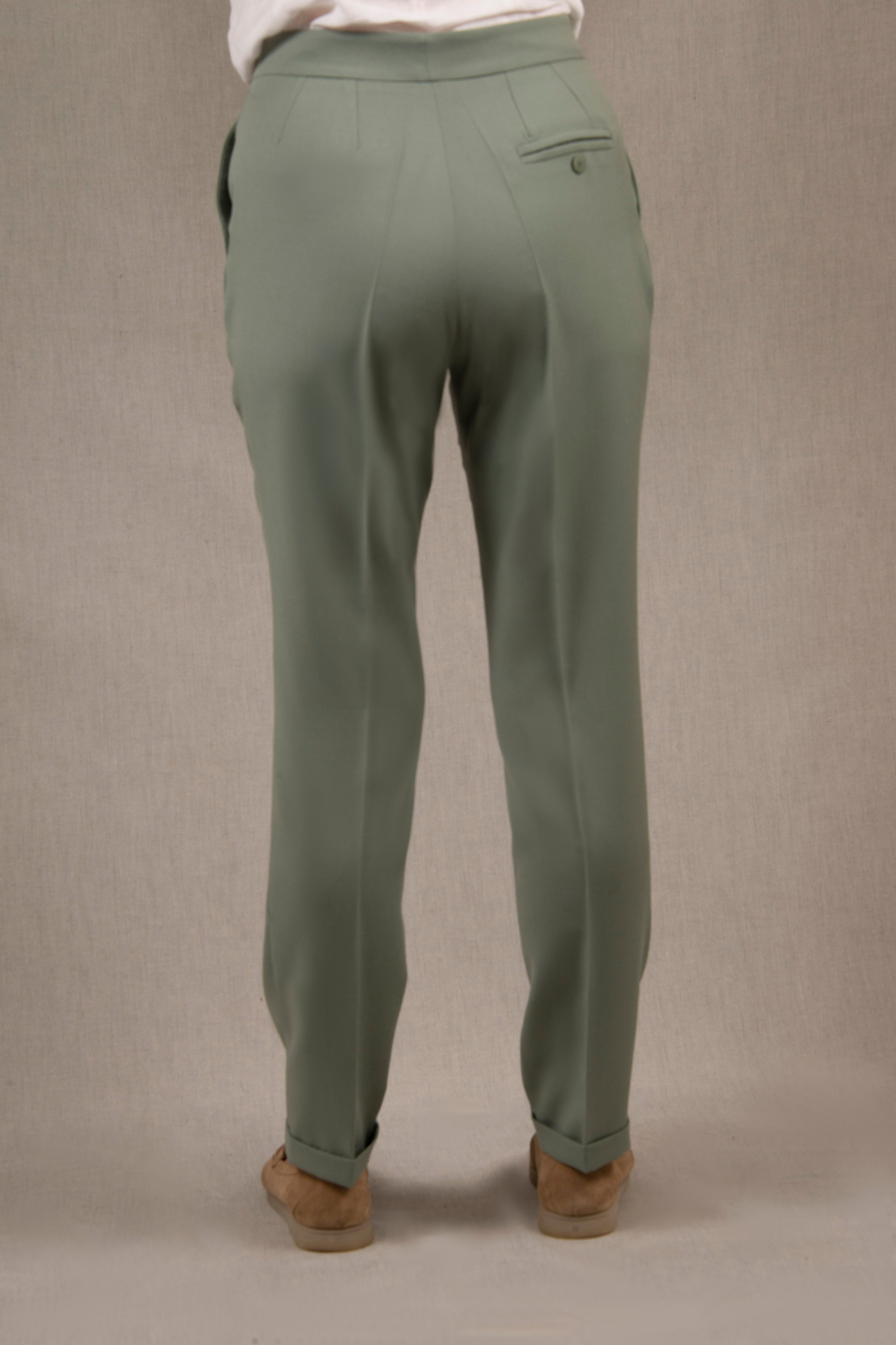 Pantalon Tailleur Femme Fitté en Laine Vert Sauge – Conception