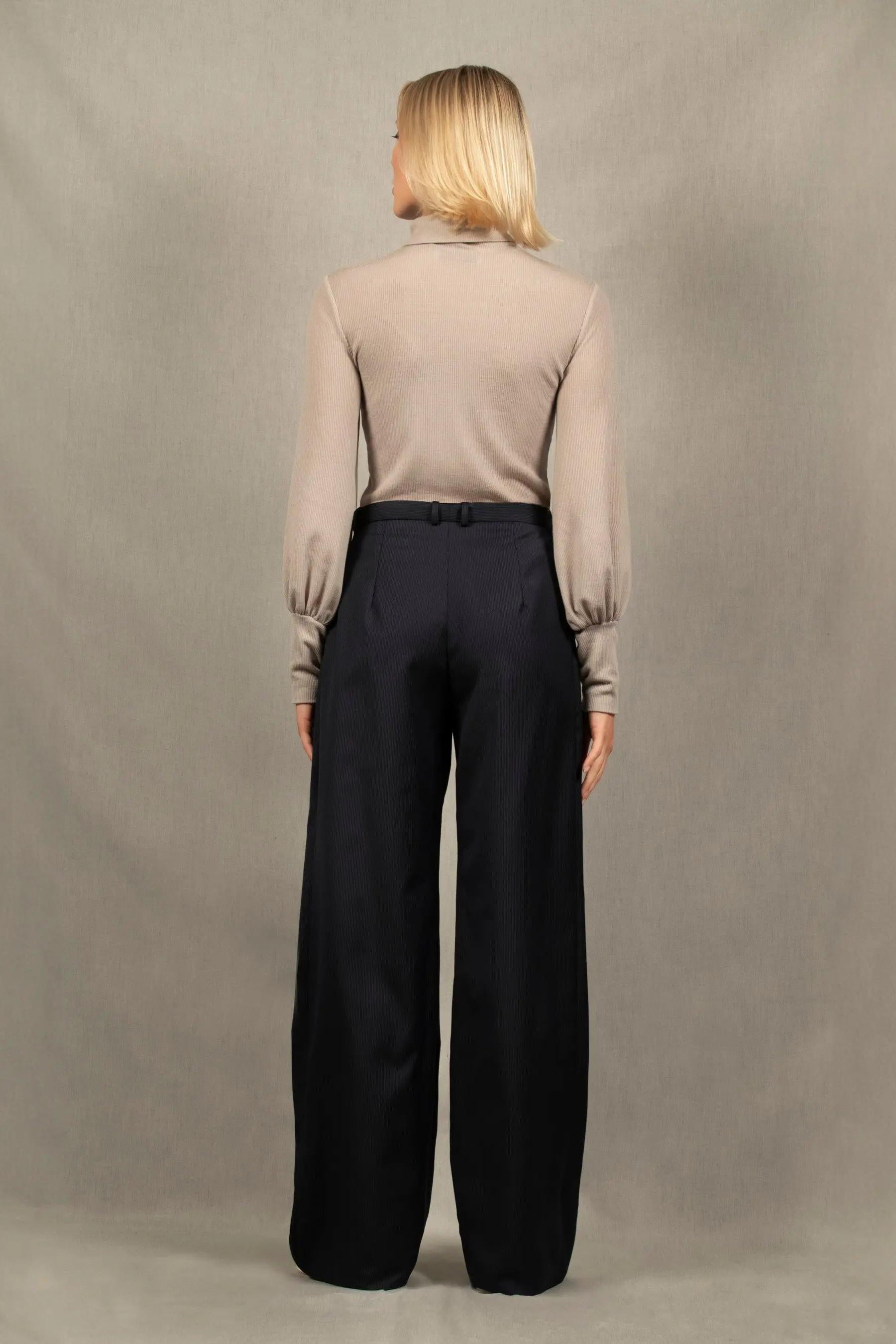 Pantalon Tailleur Femme en Laine Large Bleu Marine Rayé - Illusion - My tailor is Joh