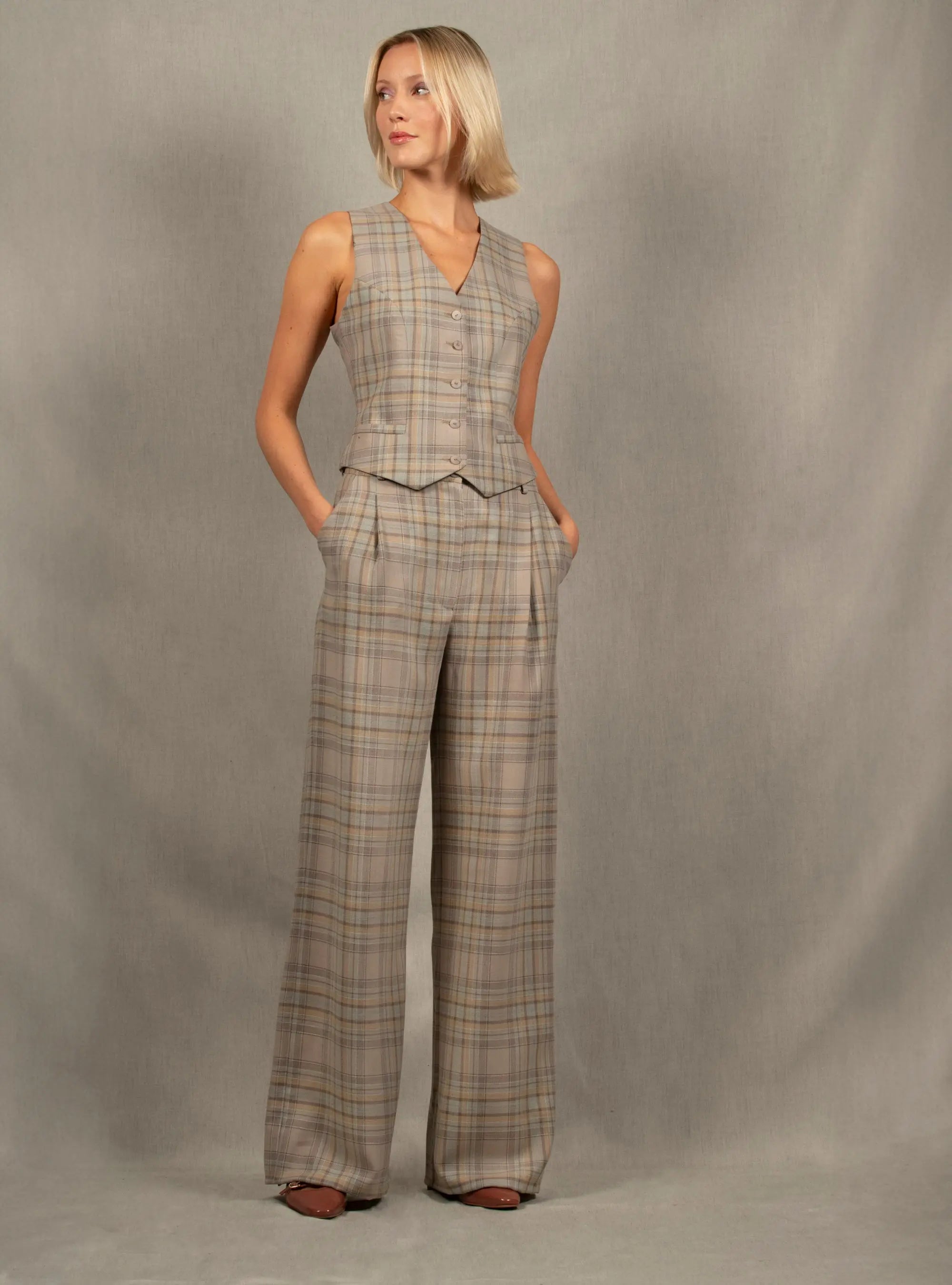 Pantalon Tailleur Femme Large Carreau en Laine – Illusion