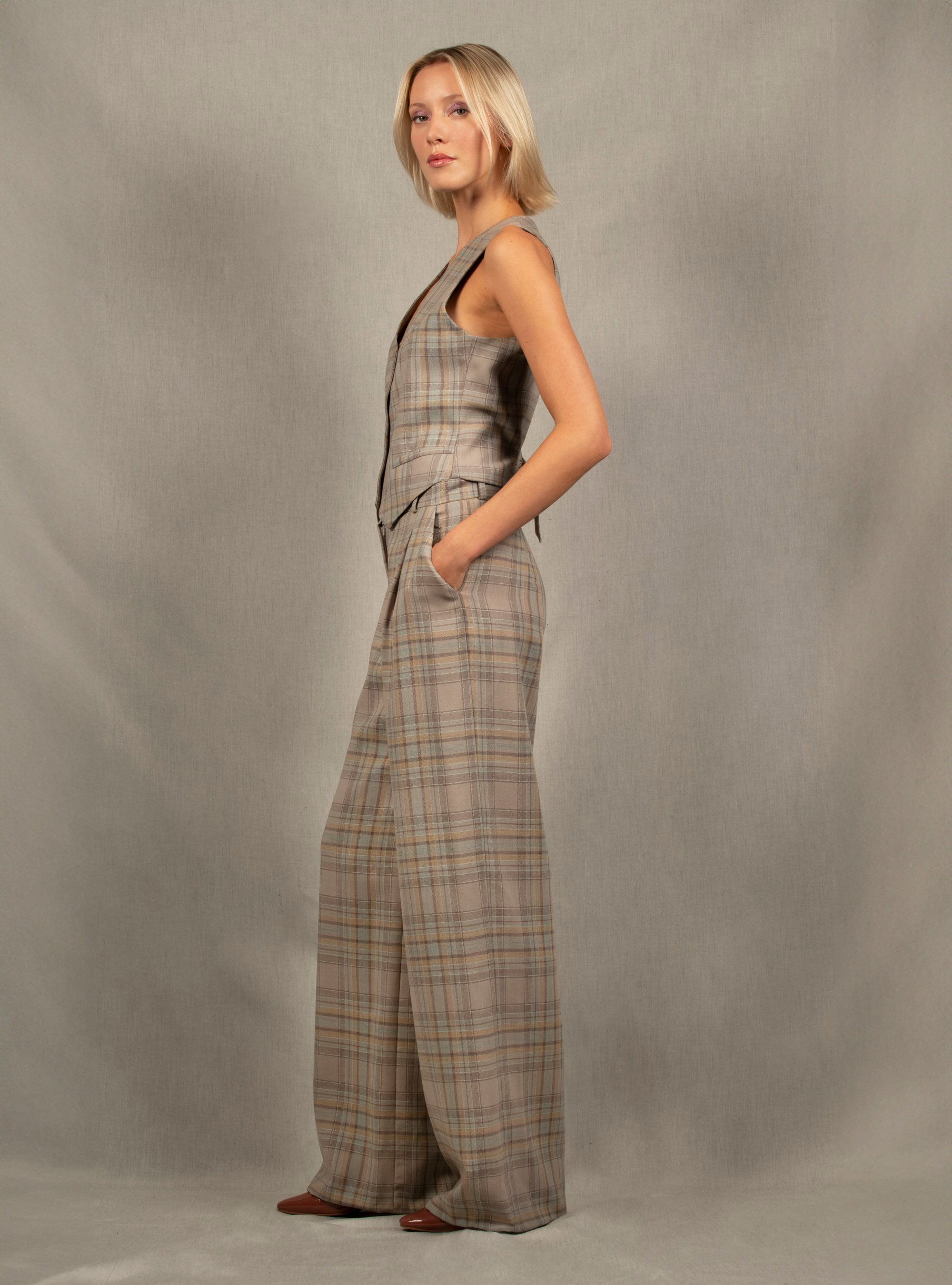 Pantalon Tailleur Femme Large Carreau en Laine – Illusion