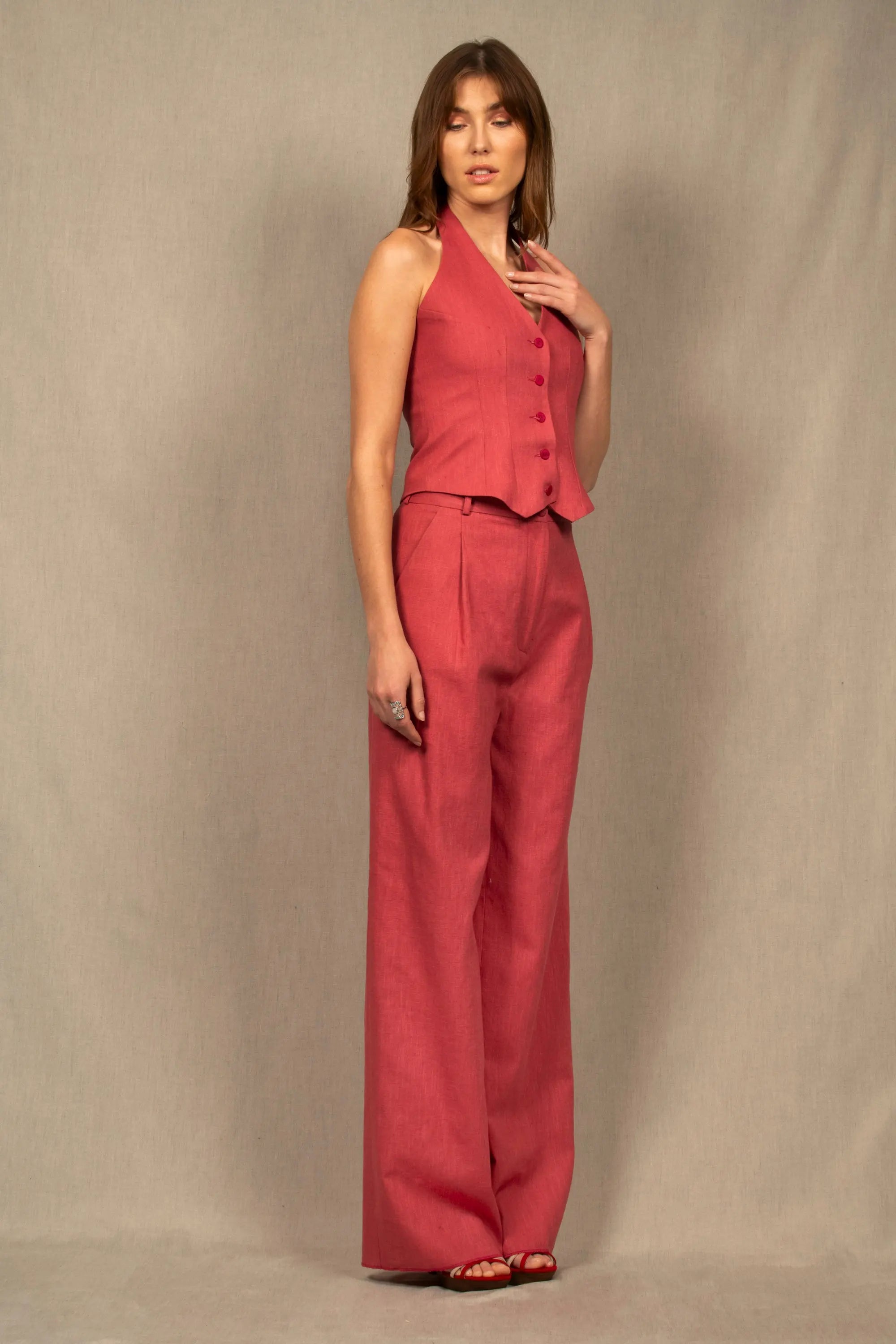 Pantalon Tailleur Large en Lin Rose Blush – Illusion - My tailor is Joh