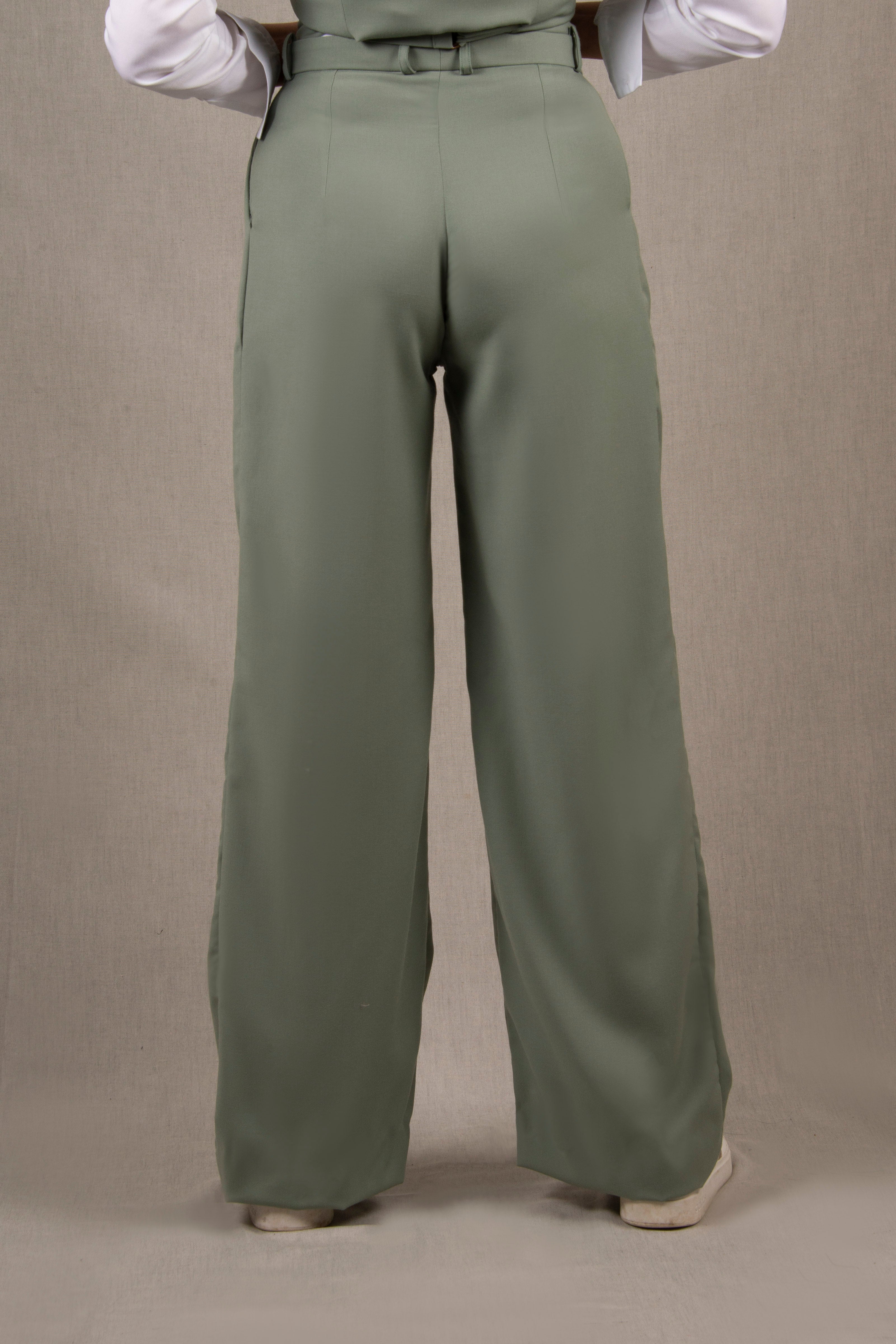 Pantalon Tailleur Femme Large en Laine Vert Sauge – Illusion