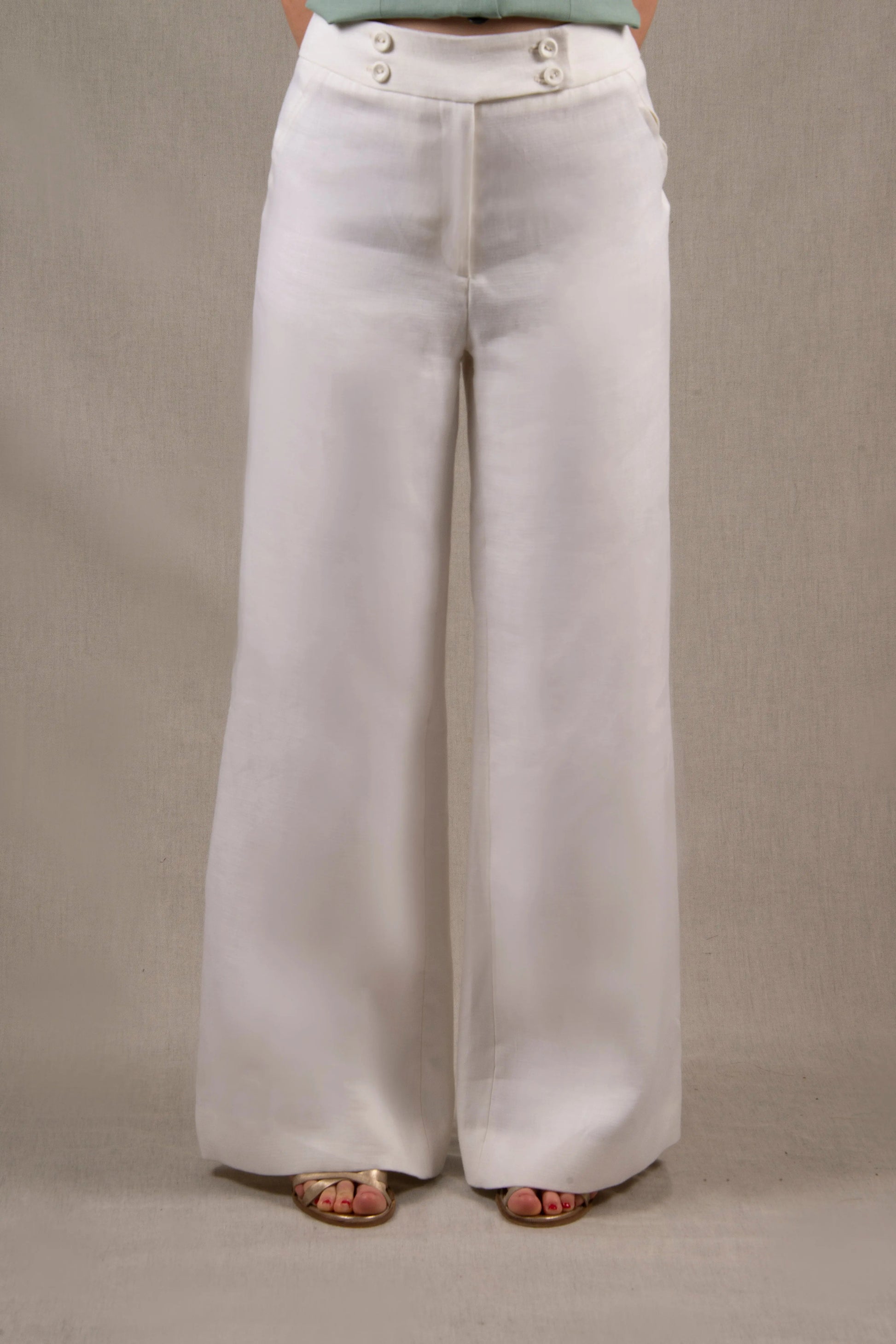 Tailleur Femme Veste Courte Pantalon Coupe Flair Lin Blanc - Certitude My tailor is Joh