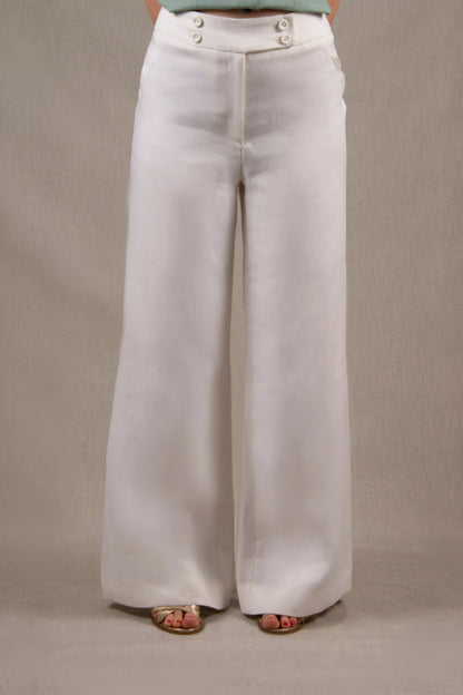 Tailleur Femme Veste Courte Pantalon Coupe Flair Lin Blanc - Certitude My tailor is Joh