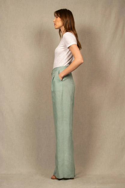 Pantalon Tailleur Large en Lin Bleu Céladon – Illusion - My tailor is Joh