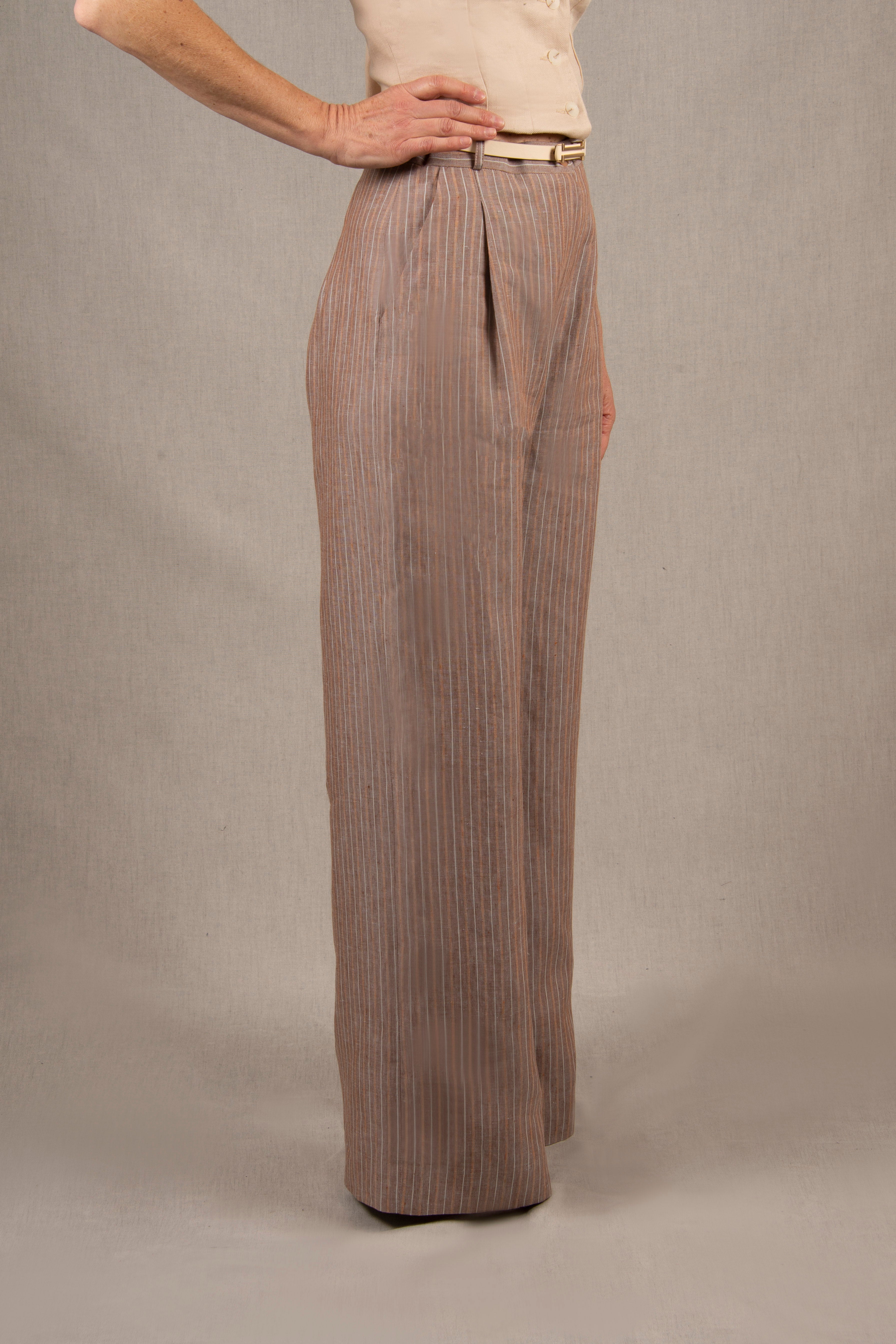 Pantalon Tailleur Femme Large en Lin Marron Rayé – Illusion