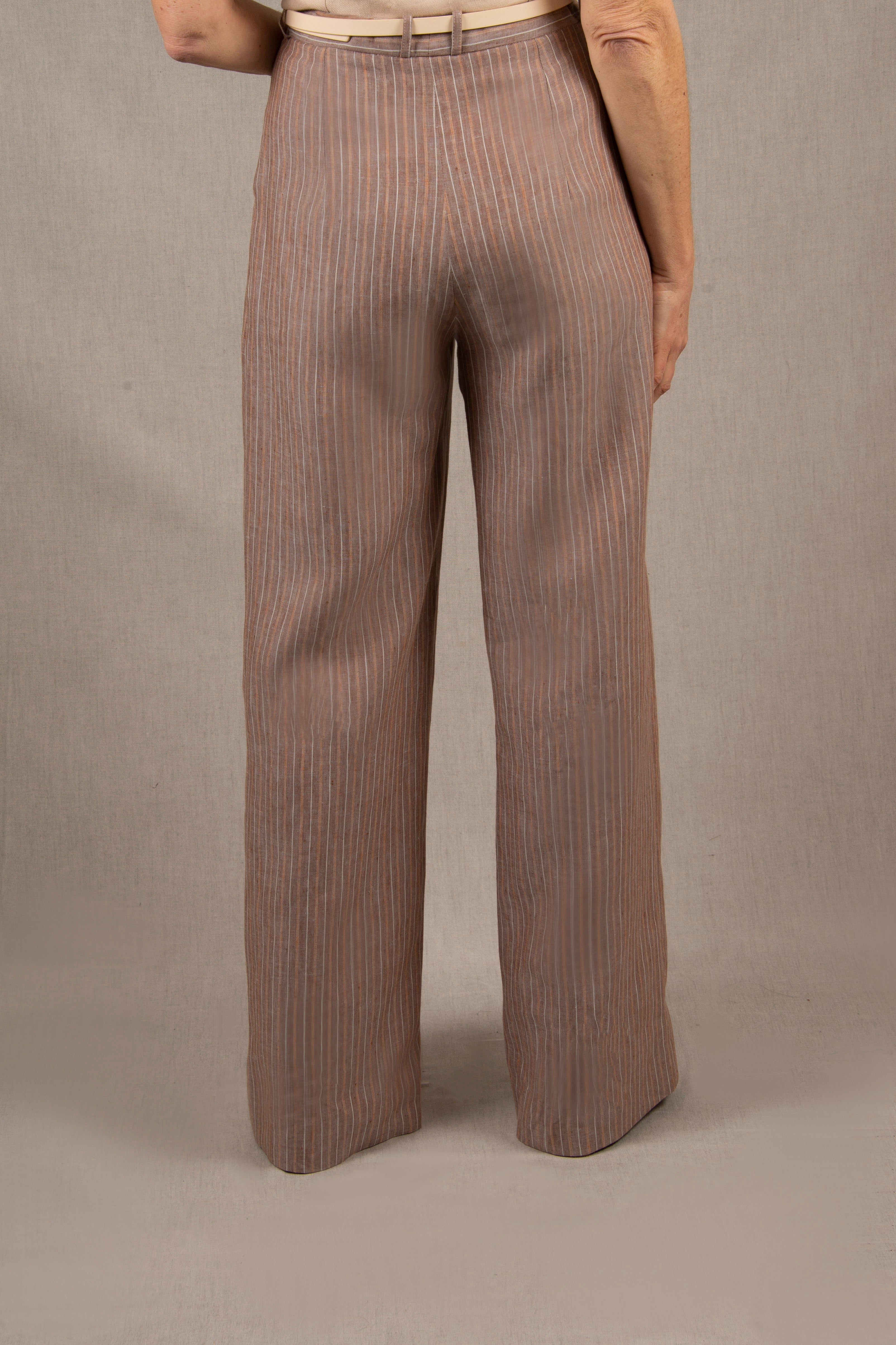 Pantalon Tailleur Femme Large en Lin Marron Rayé – Illusion