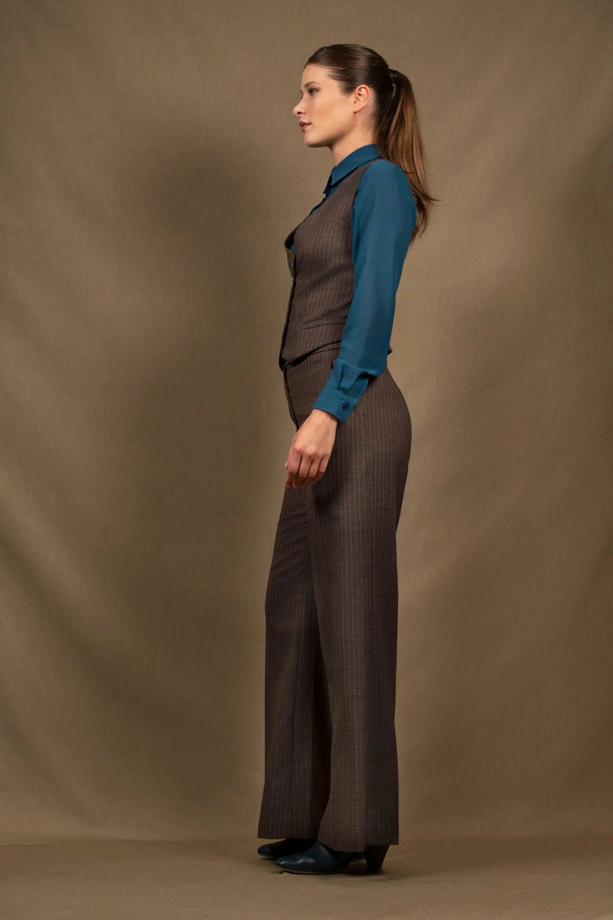 Pantalon Taille Femme Coupe Flare Laine Marron Rayé - Certitude My tailor is Joh